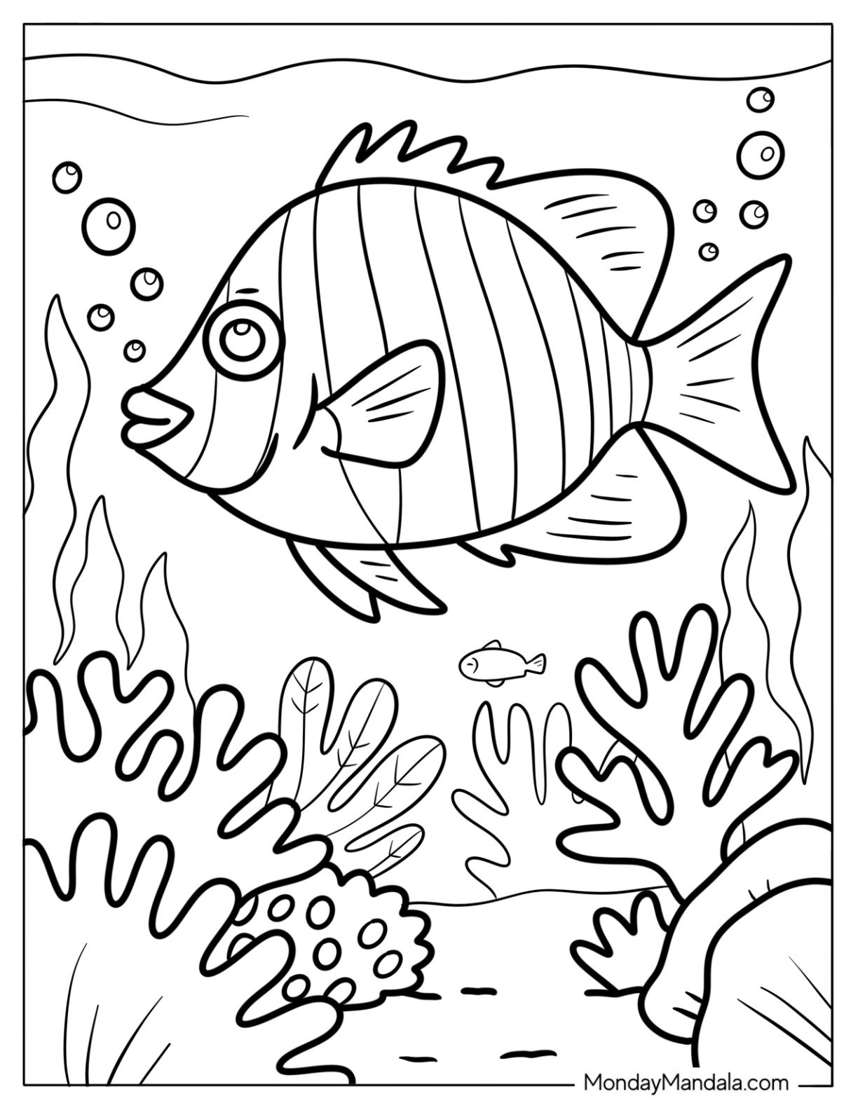 Cartoon Sergeant Major Fish Coloring Page Swimming in Coral Reef for Kids