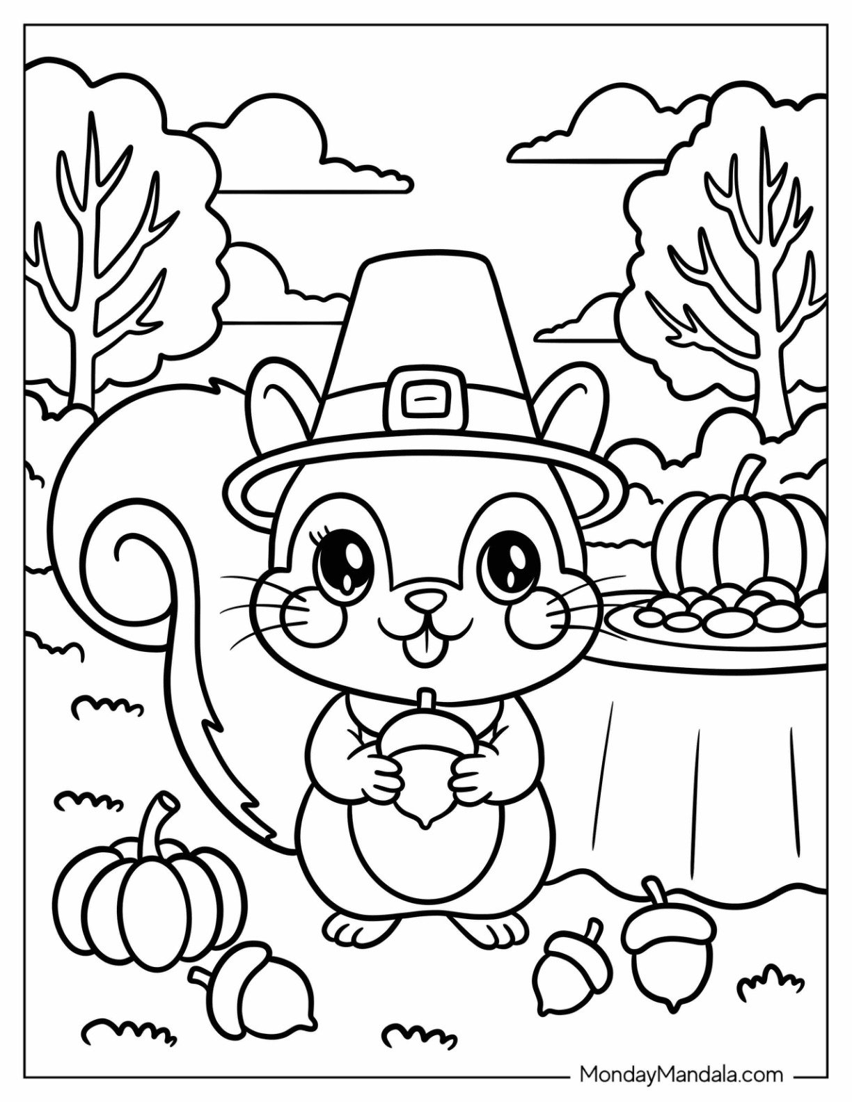 Cartoon Squirrel Dressed for Thanksgiving Coloring Page with Acorns and Pumpkins for Preschoolers