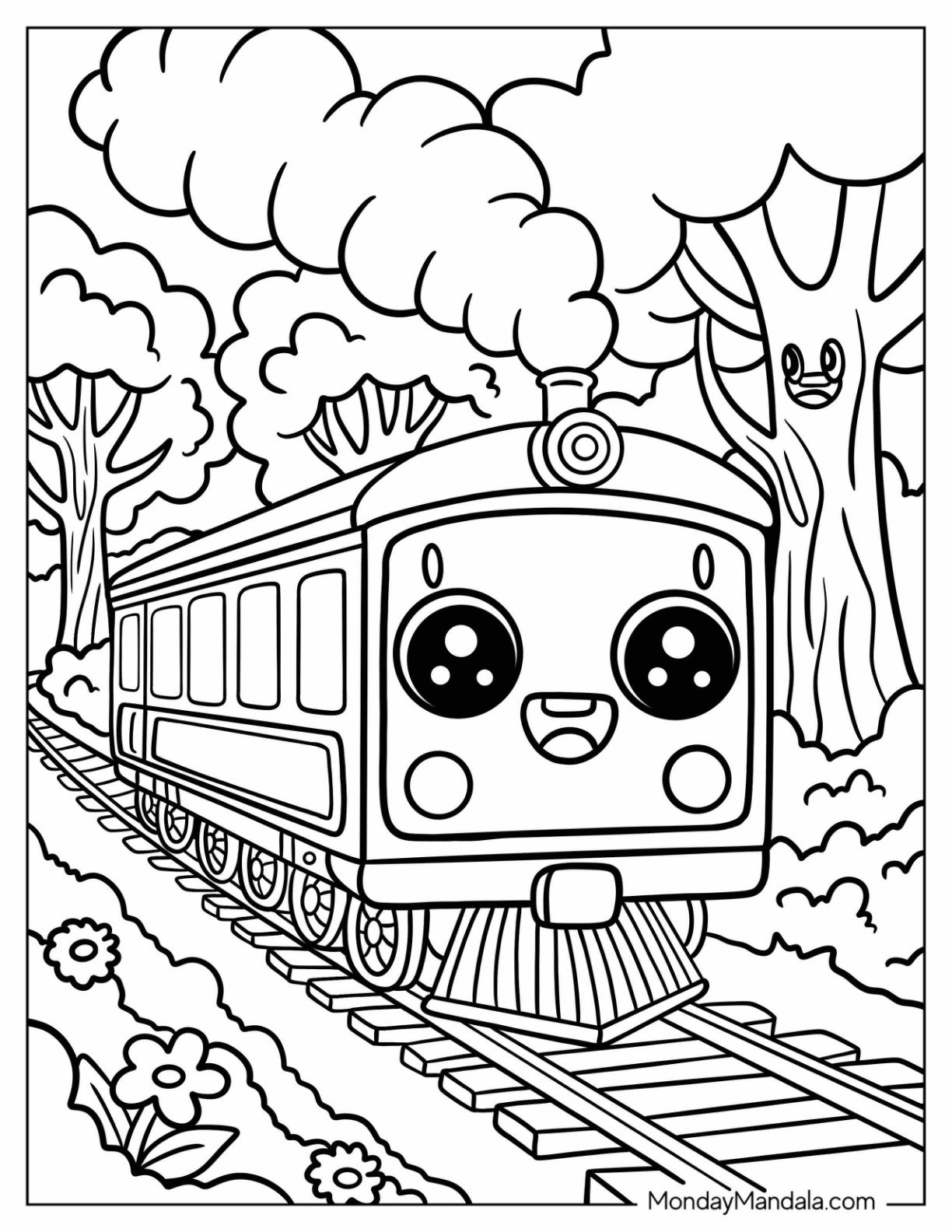 Cartoon Steam Train Coloring Page Chugging Through the Woods