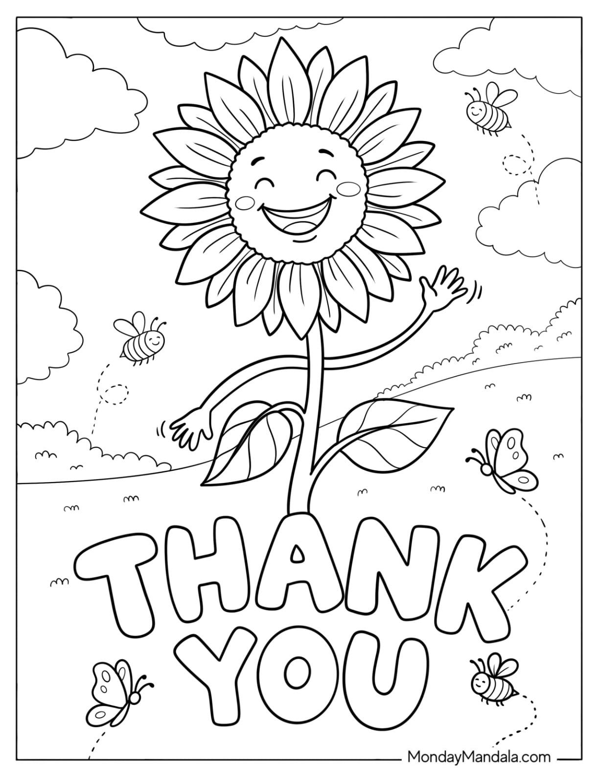 Cartoon Sunflower Waving Thank You Coloring Sheet for Kids