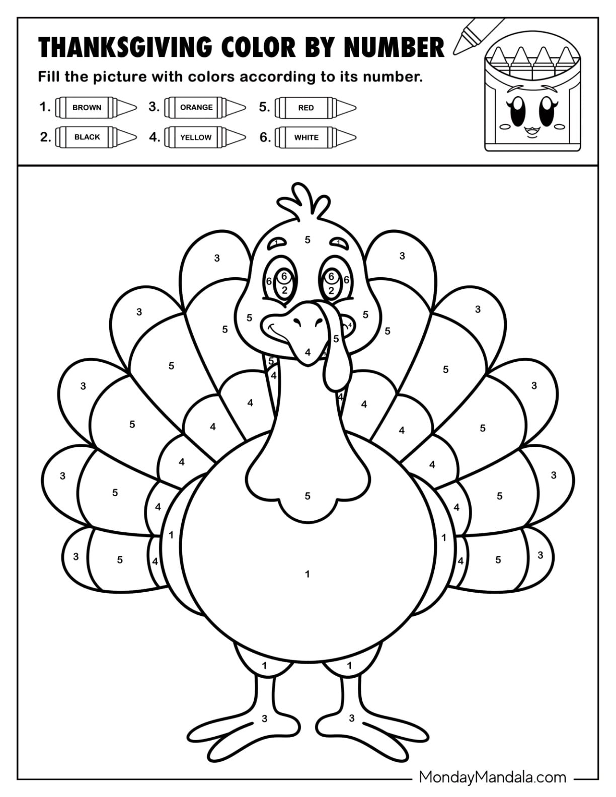 Cartoon Turkey Thanksgiving Color by Number