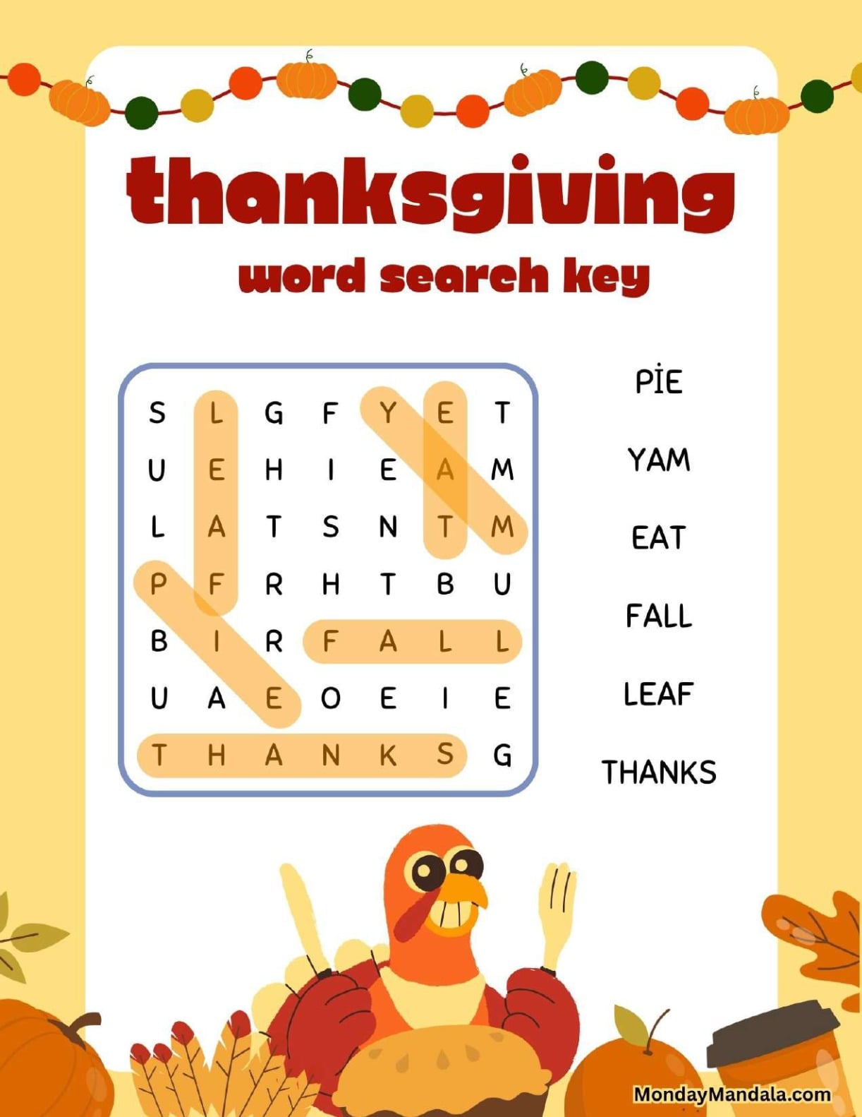 Cartoon Turkey Thanksgiving Word Search Answer Key