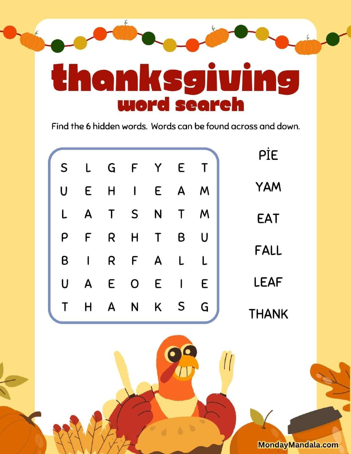 Cartoon Turkey Thanksgiving Word Search