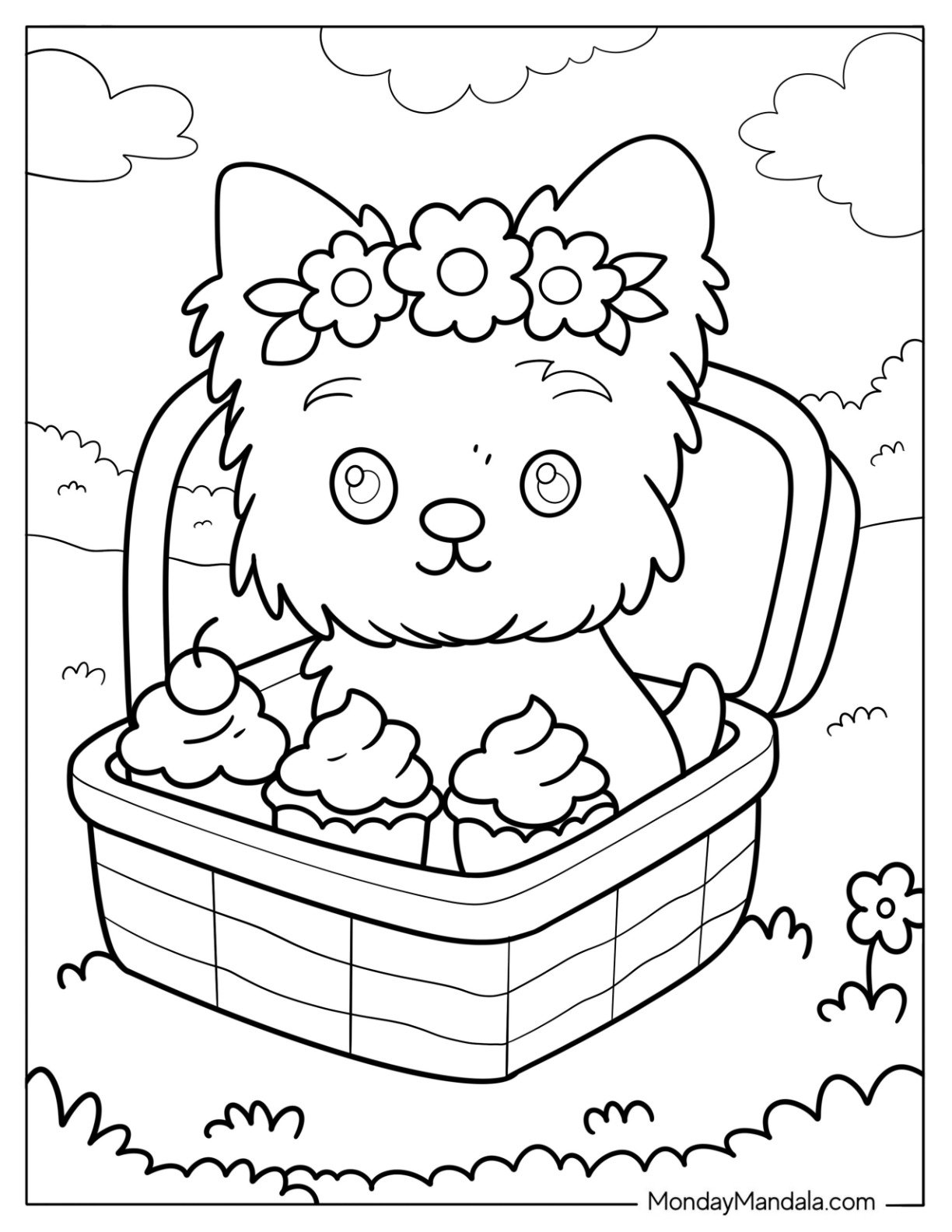 Cartoon Yorkie Coloring Page of Puppy with Flower Crown and Treats in a Basket