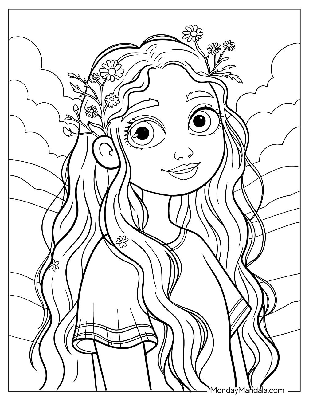People Coloring Page of Cartooon Girl With Long Hair And Flowers Behind Her Ears For Kids