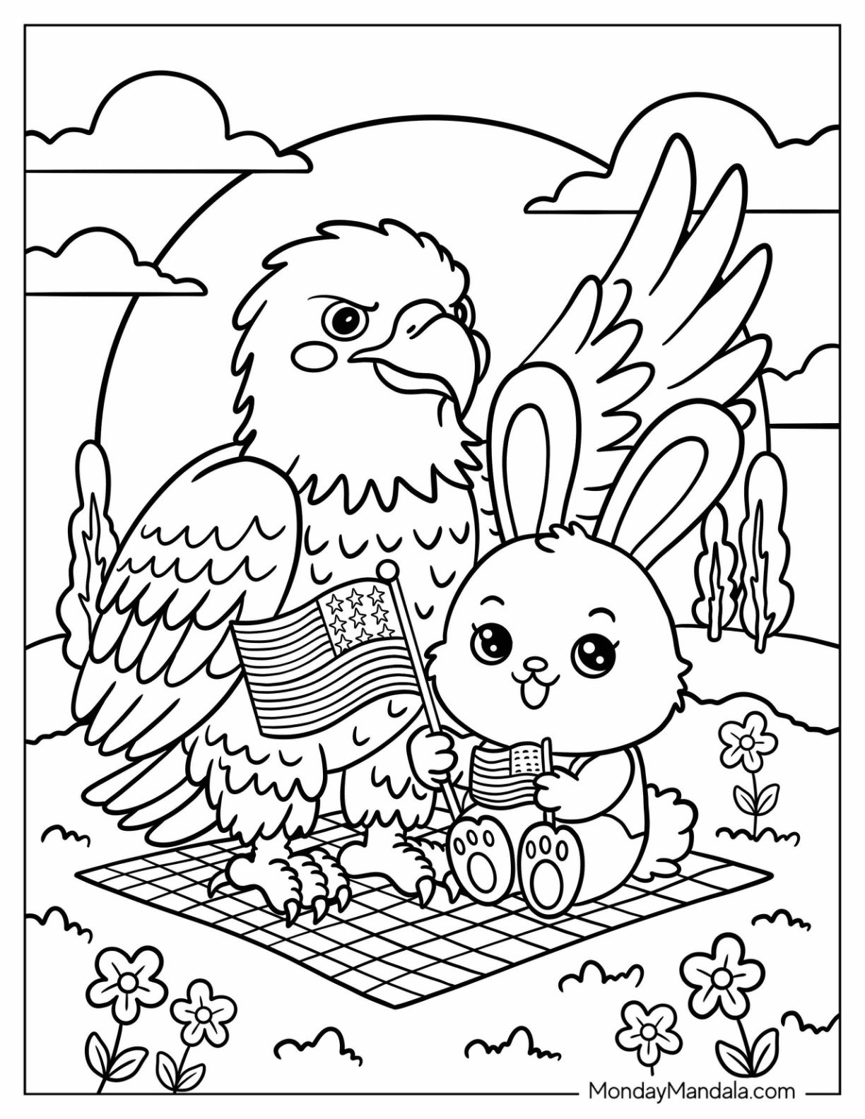 Cartooon Rabbit and Eagle on a Picnic Mat With American Flag on 4th of July Coloring Page for Kids