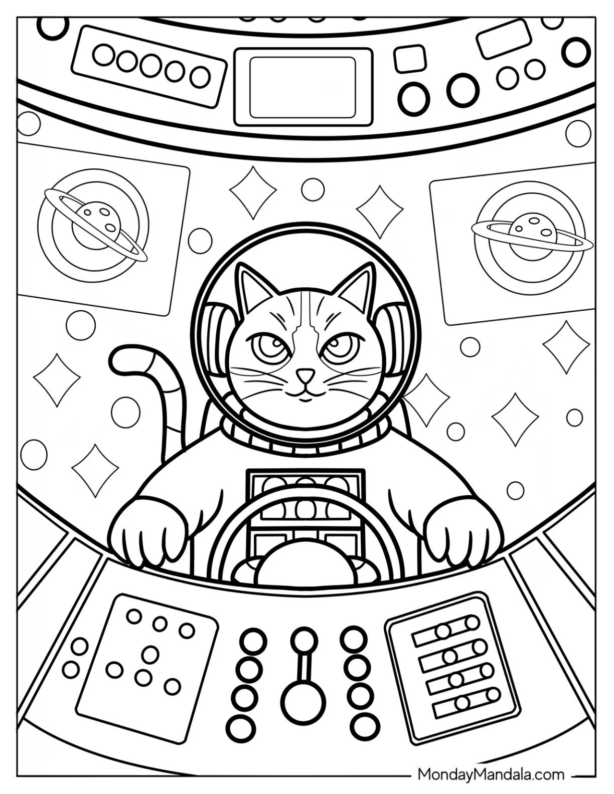 Cat Astronaut Operating Spaceship Coloring Sheet For Kids