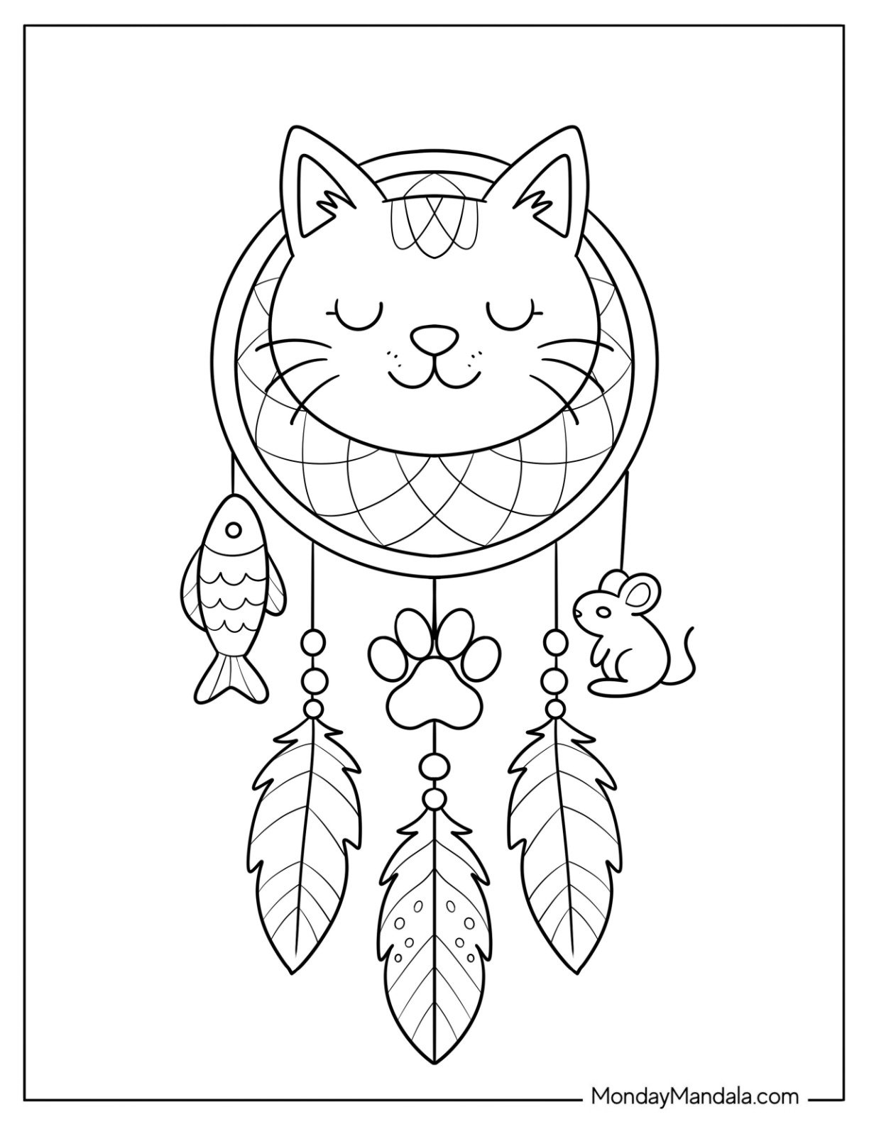 Cat Coloring Page Dreamcatcher with Feathers, Fish, and Mouse Charm for Kids
