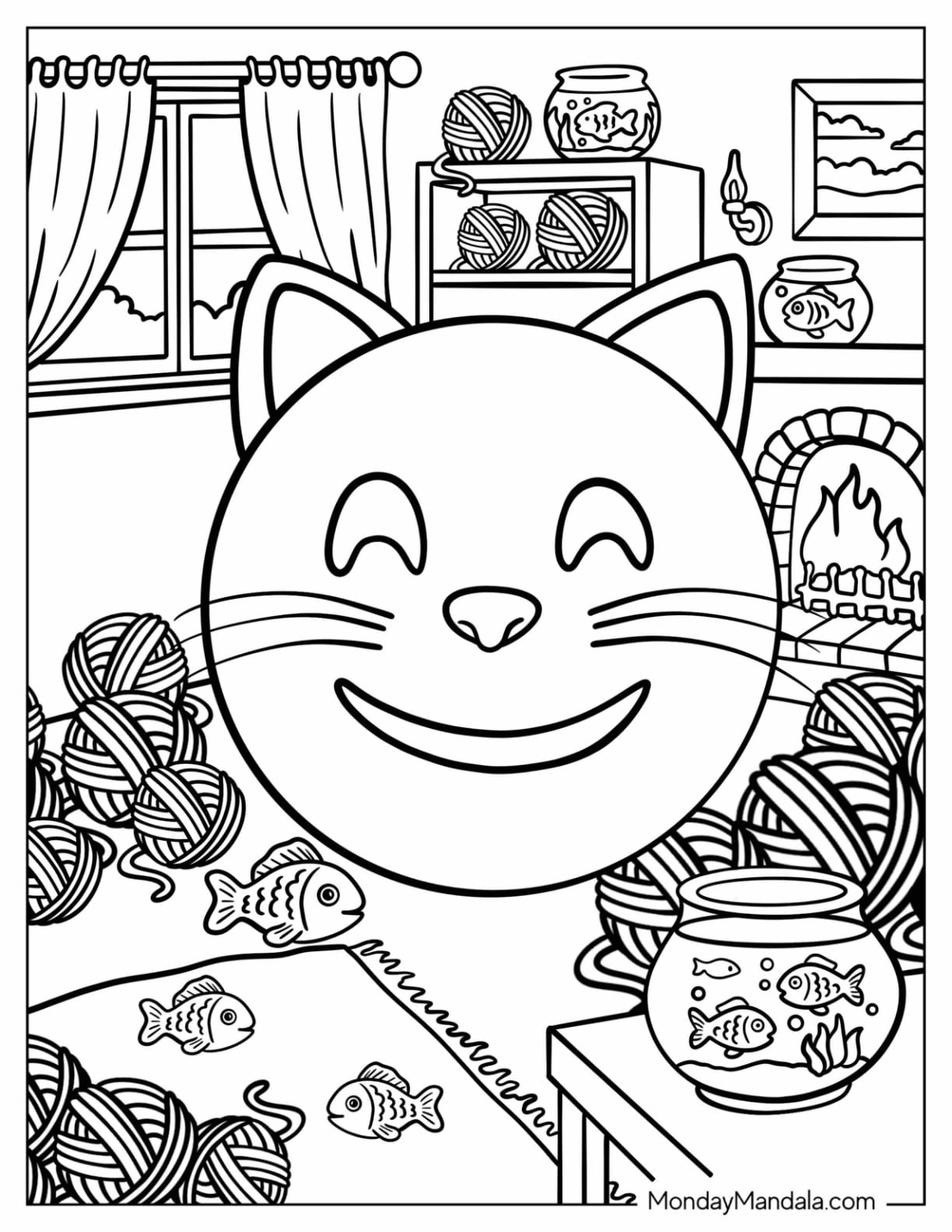 Cat Emoji Coloring Page in a Cozy Room