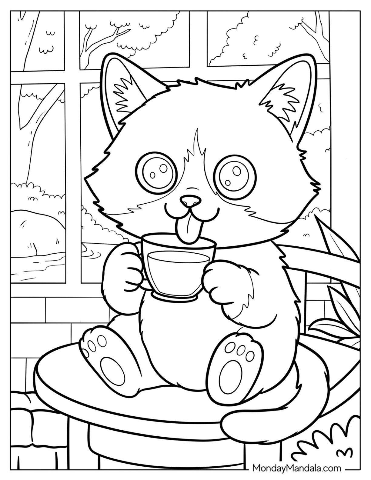 Cat Coloring Page Licking Water from a Cup Next to Scenic Window View for Kids