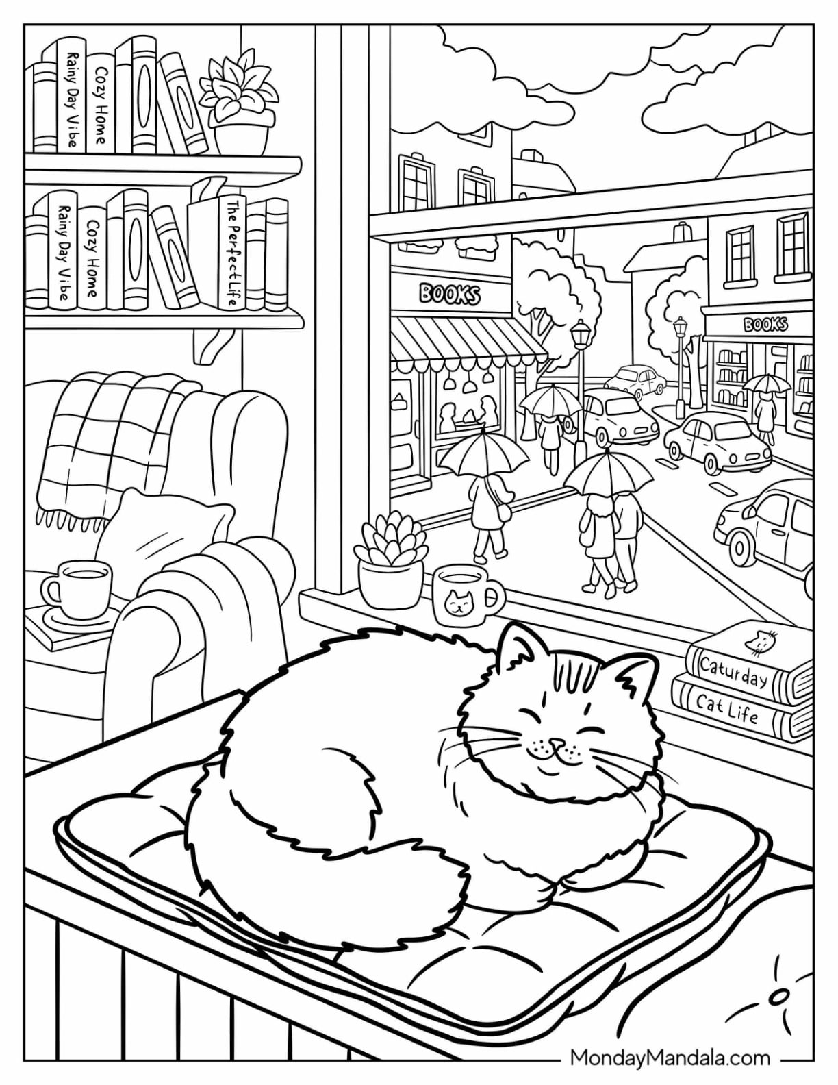 Cat Napping on a Cushion by a Window with a Village View