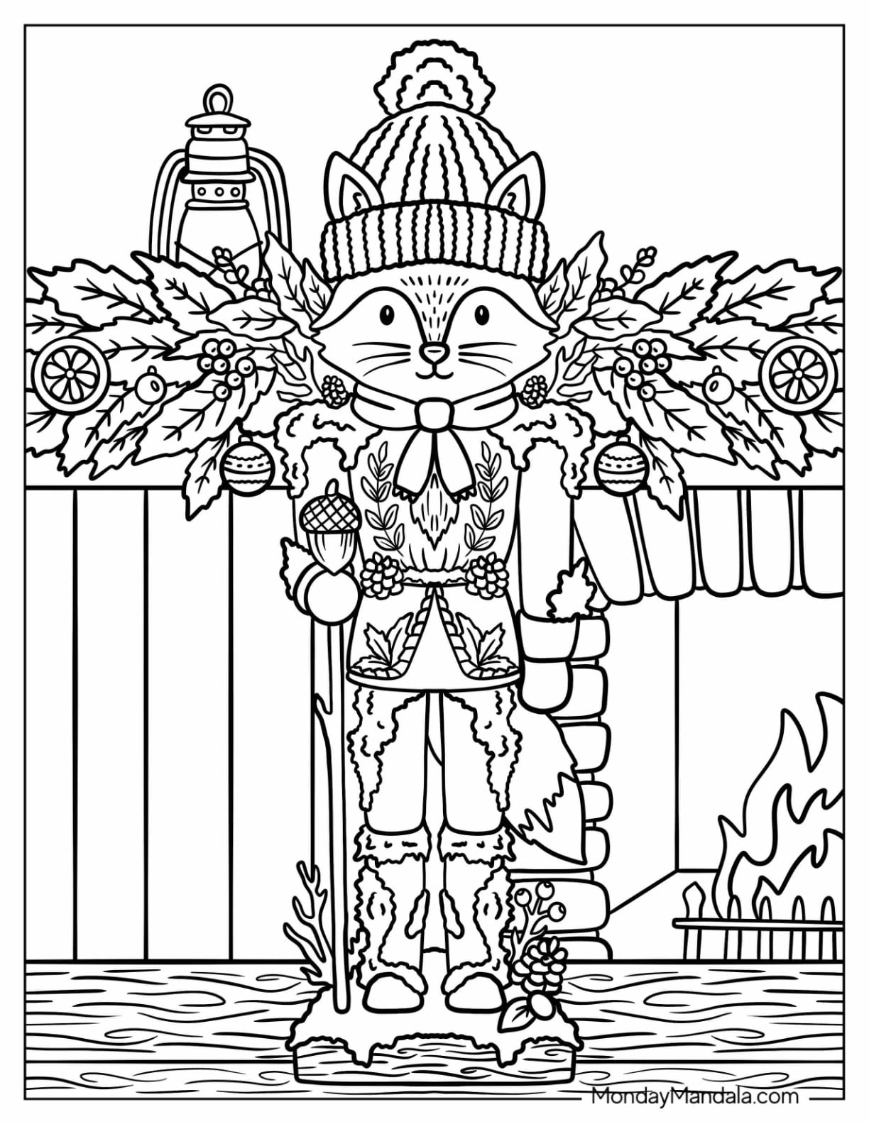 Cat Nutcracker Holding an Acorn by a Christmas Fireplace Coloring Sheet