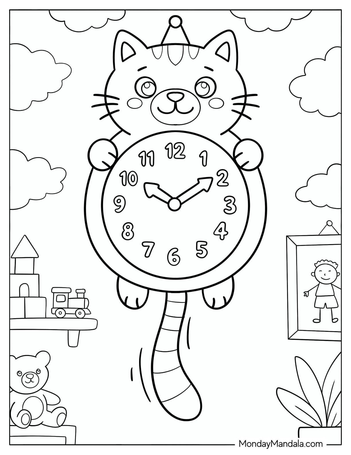 Cat Shaped Wall Clock with a Swinging Tail Coloring Sheet