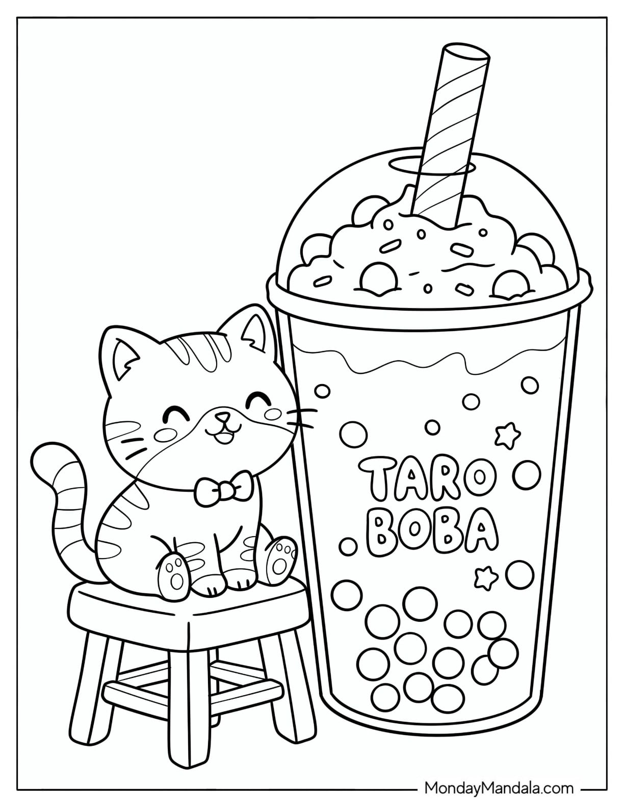 Cat Sitting Next to a Taro Boba Drink Coloring Page for Kids