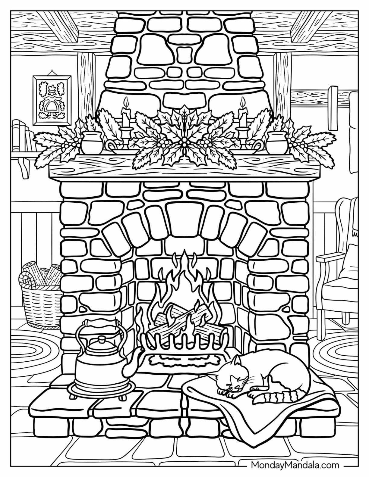 Cat Sleeping Next to a Brick Fireplace on Christmas Coloring Page for Adults