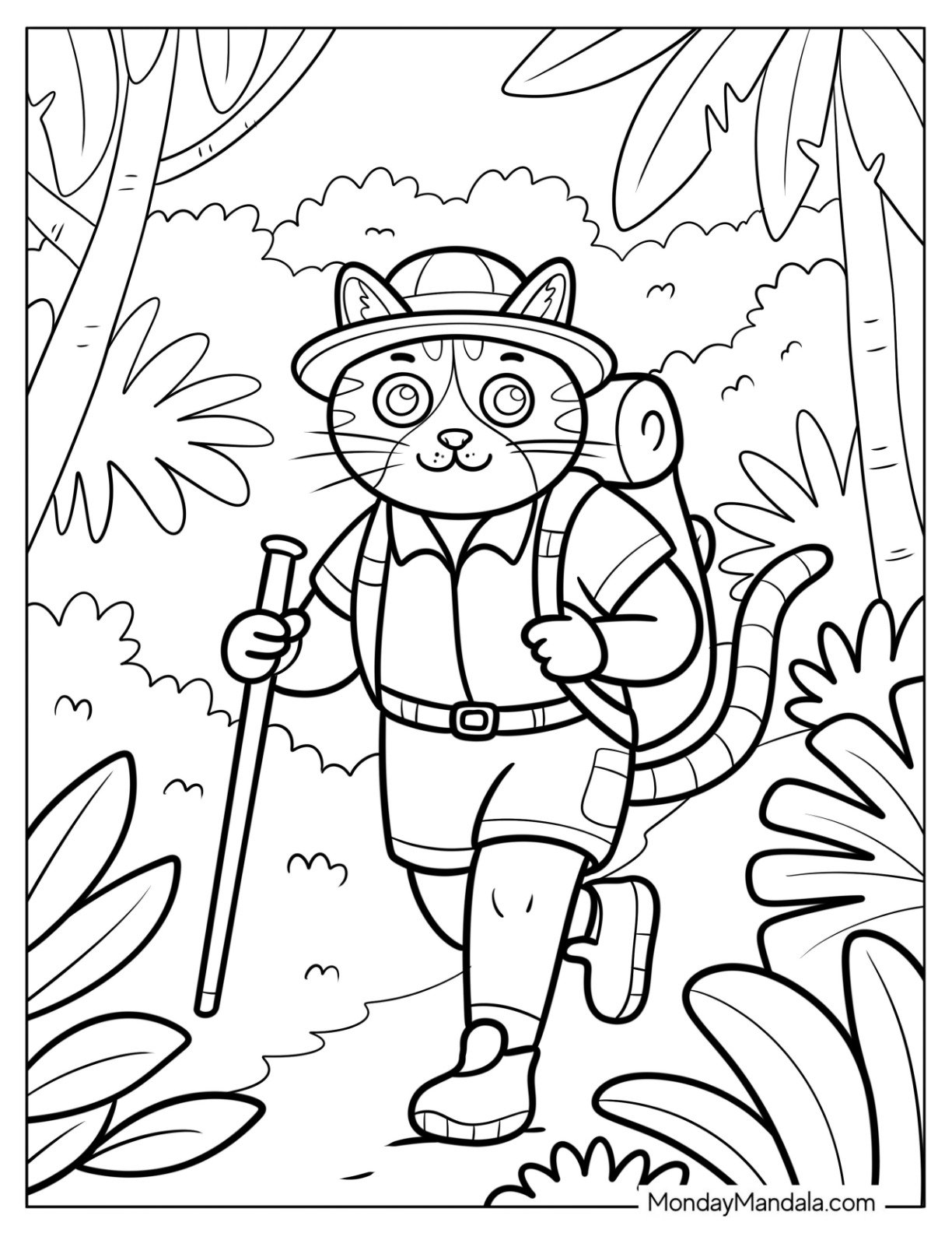 Cat Coloring Page in Hiking Uniform and Backpack Inside the Jungle