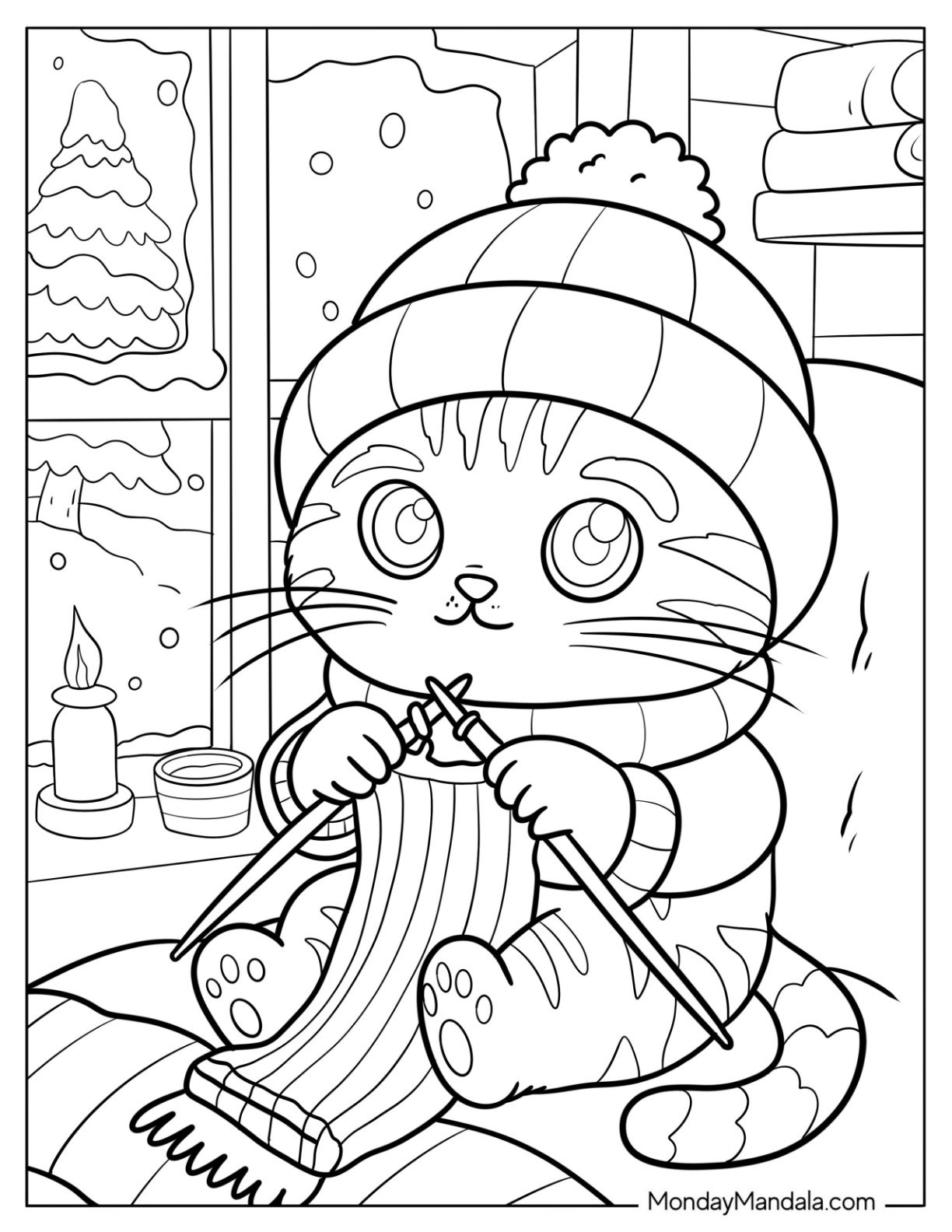 Cat Coloring Page with Beanie Knitting on a Chair by the Window in Winter