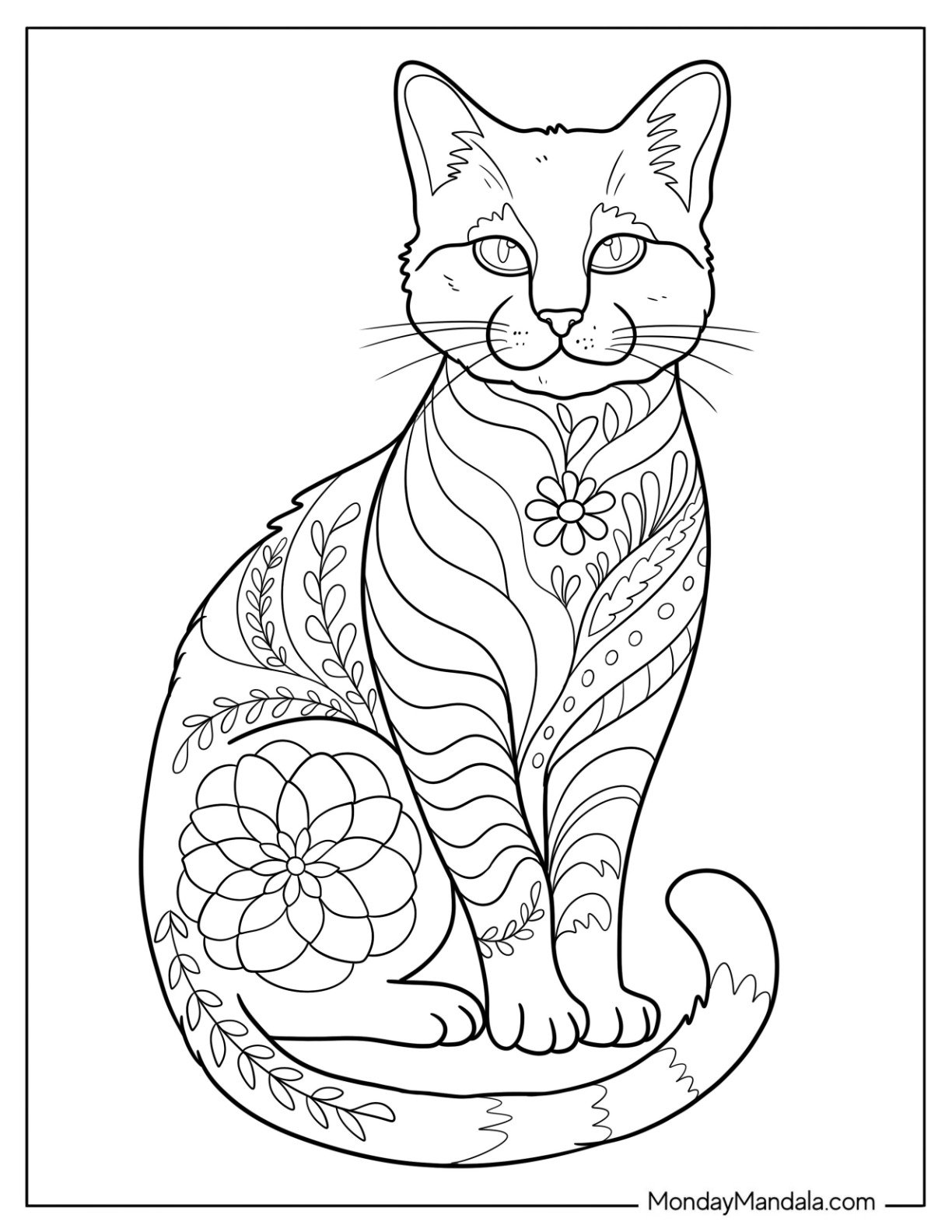 Cat Coloring Page with Floral Swirls and Petal Patterns