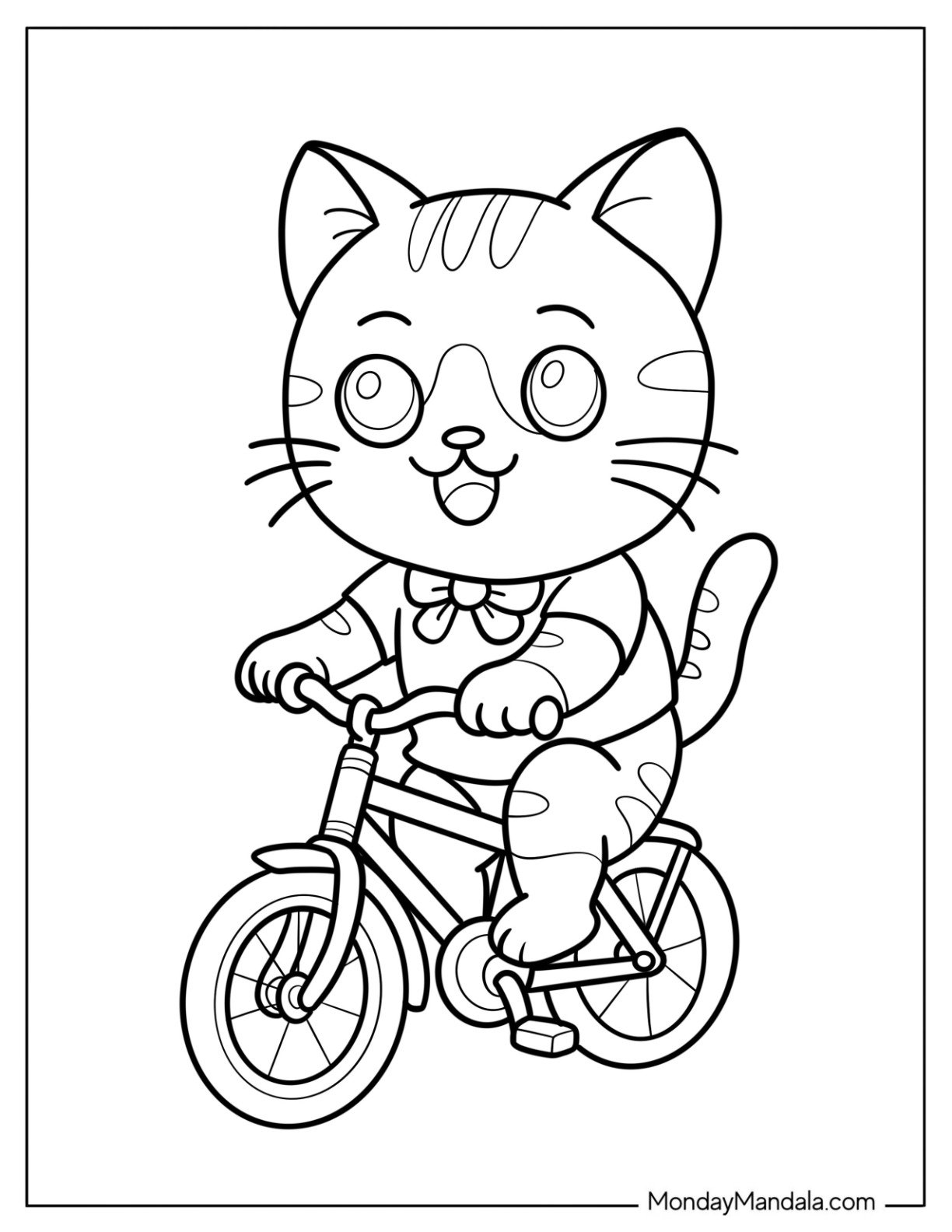 Cat with Shirt and Bowtie Riding a Bicycle Coloring Sheet