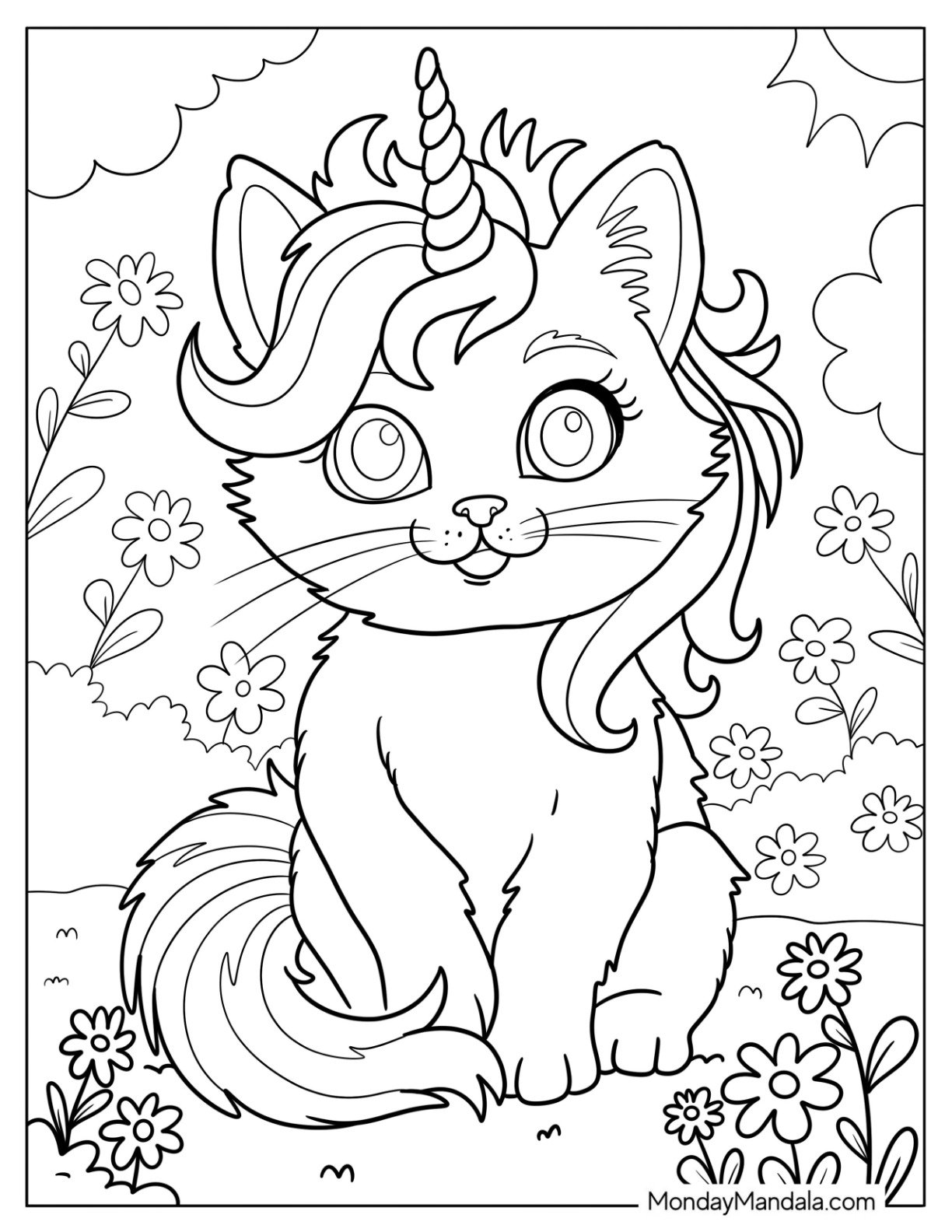Cat Coloring Page with Unicorn Horn Sitting Among Flowers