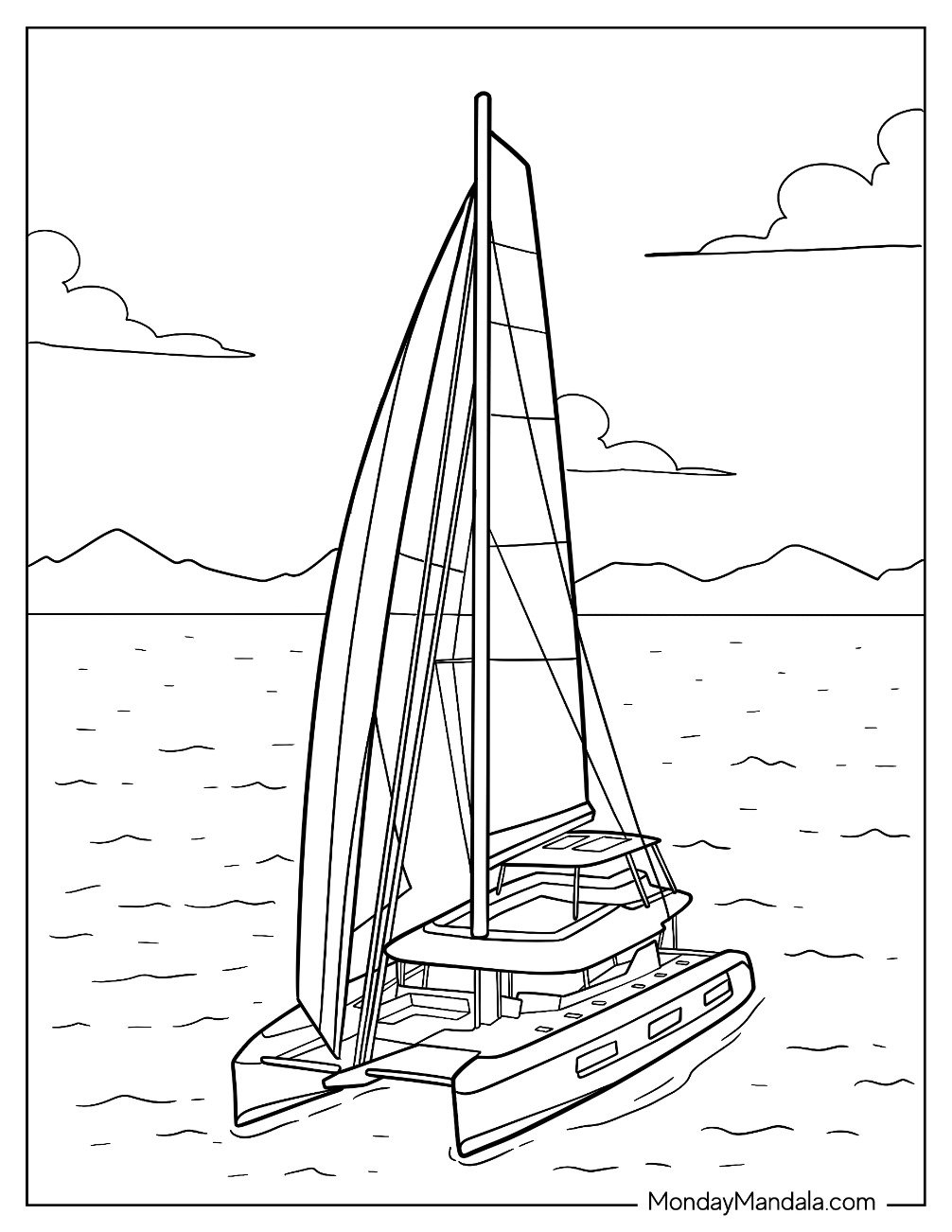 Boat & Ship Coloring Page of Catamaran Sailboat Gliding Through Ocean Waves