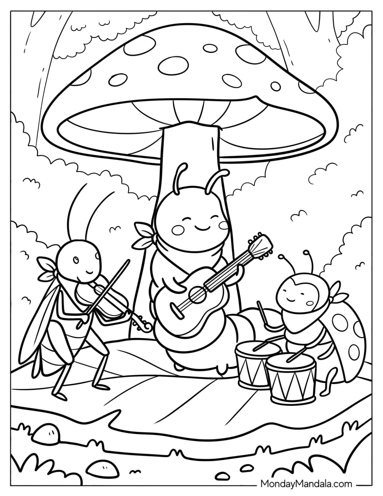 Caterpillar Coloring Page Band Playing Music under a Mushroom