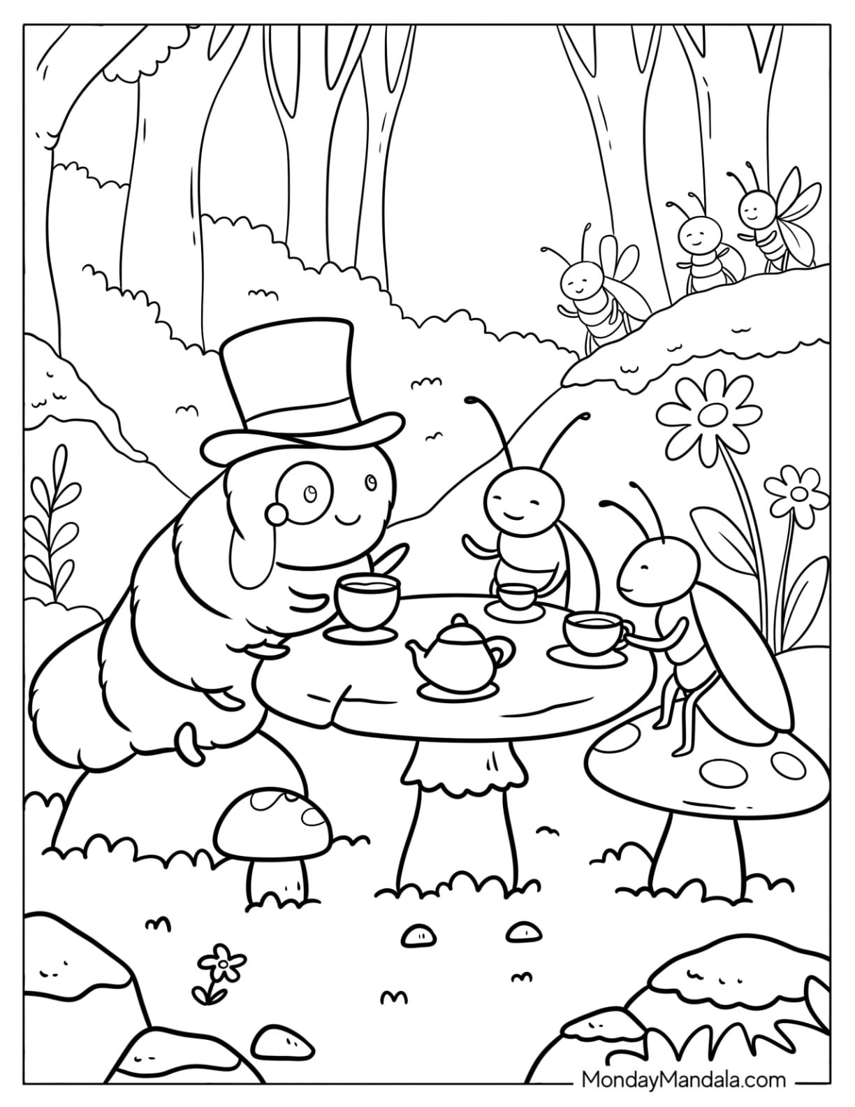 Caterpillar Coloring Page Having Tea with Insect Friends in the Forest
