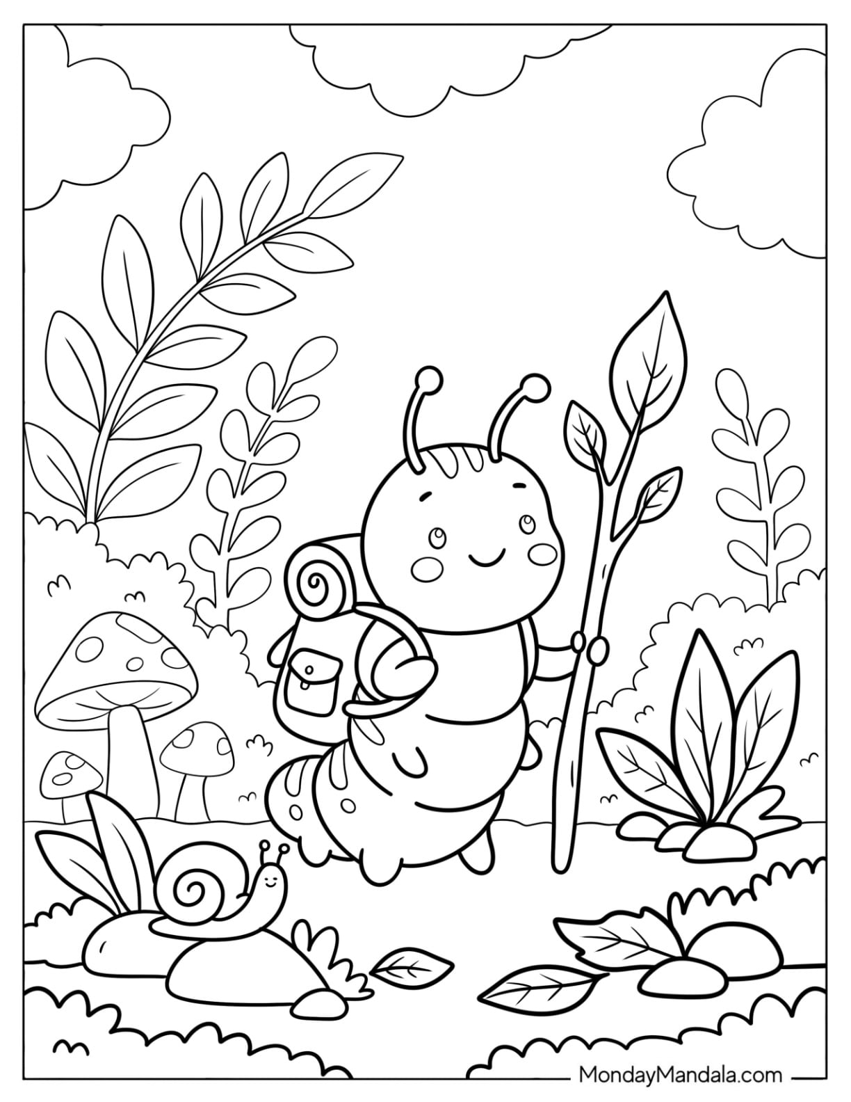 Caterpillar Coloring Page Hiking in the Forest with a Backpack and Walking Stick
