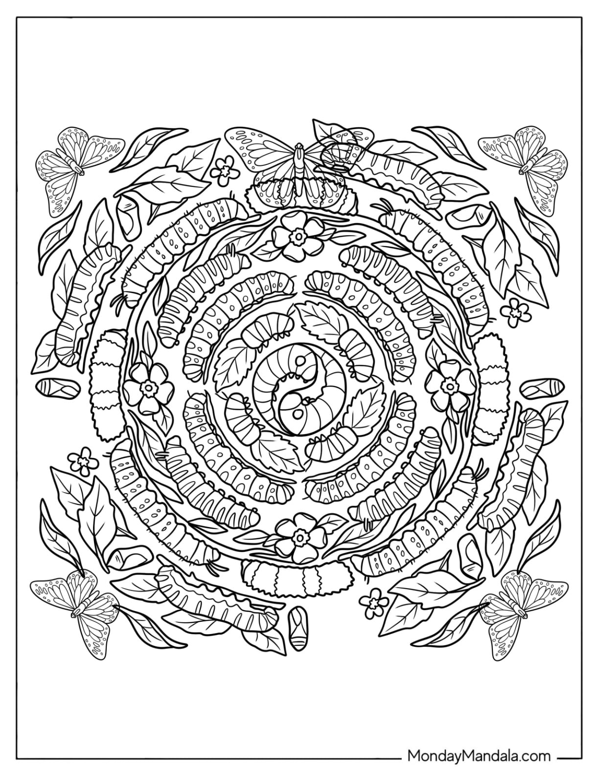 Caterpillar Coloring Page Life Cycle Mandala with Leaves and Butterflies