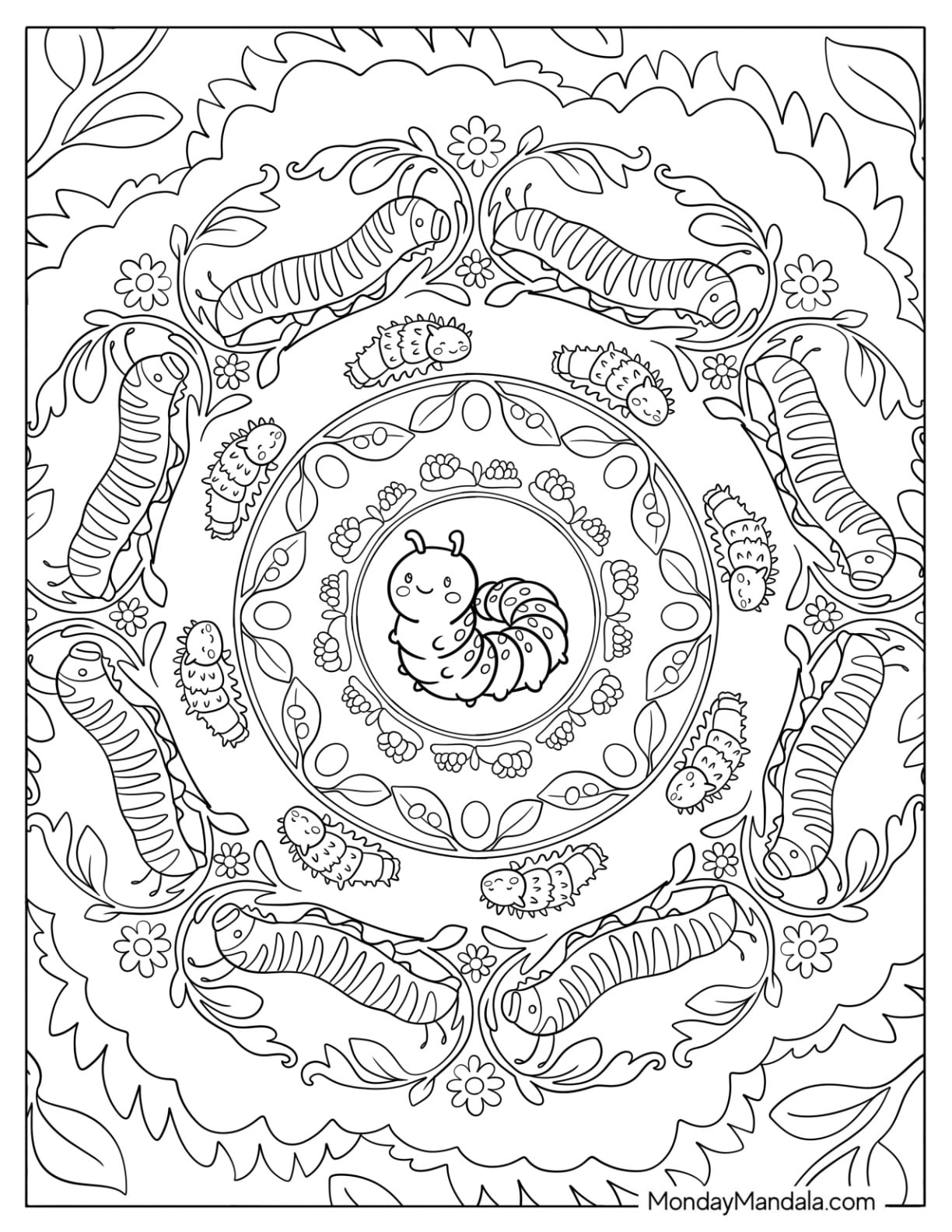 Caterpillar Coloring Page of Mandala with Leaves and Floral Patterns