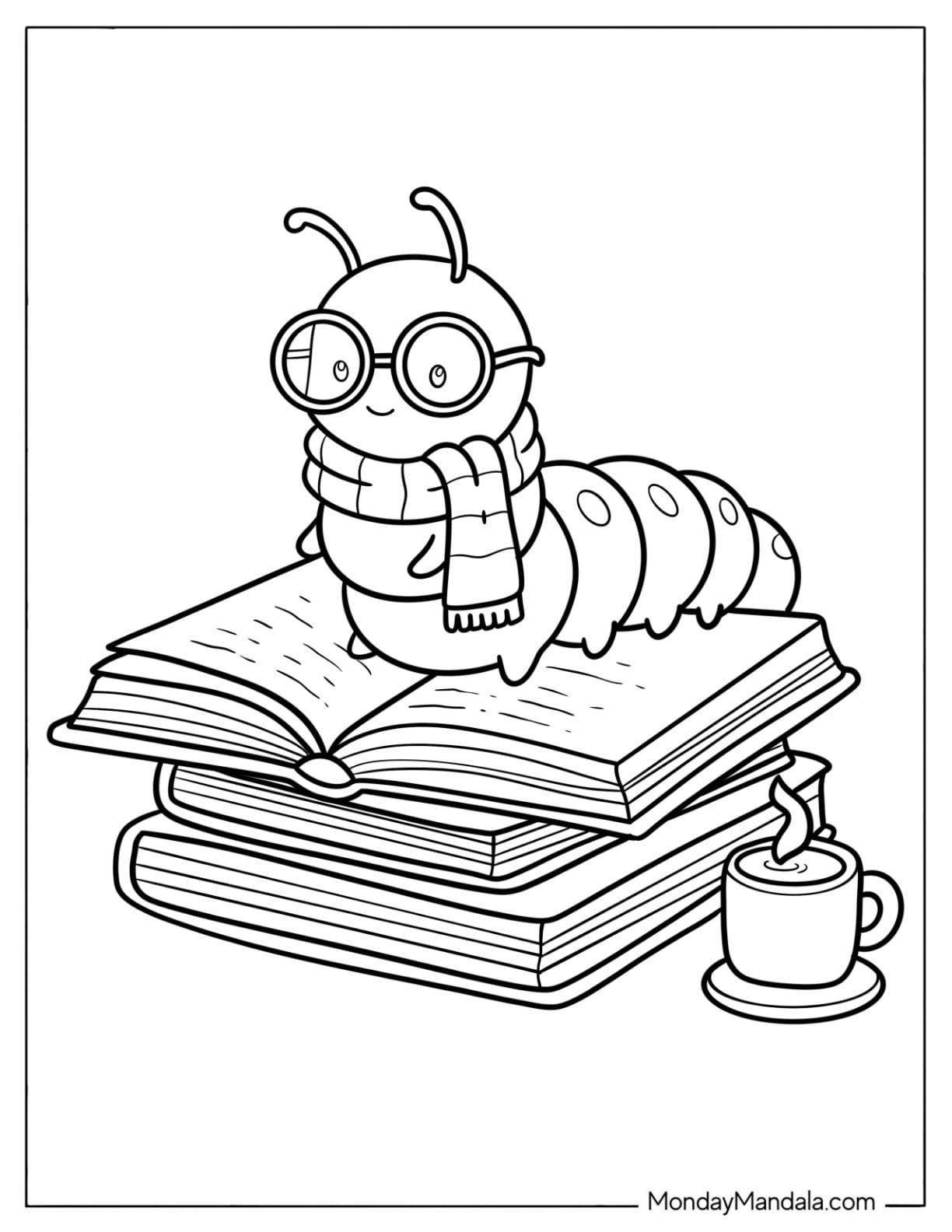 Caterpillar Coloring Page Reading on a Stack of Books with a Teacup