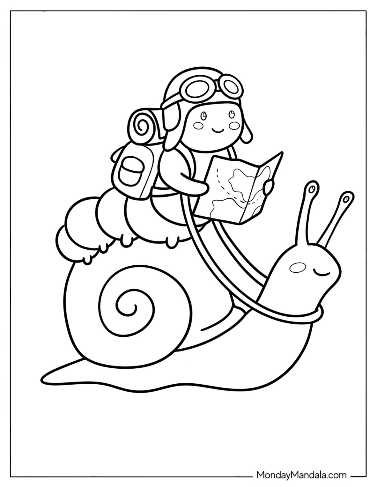 Caterpillar Coloring Page Riding a Snail with a Backpack and Map for Preschoolers