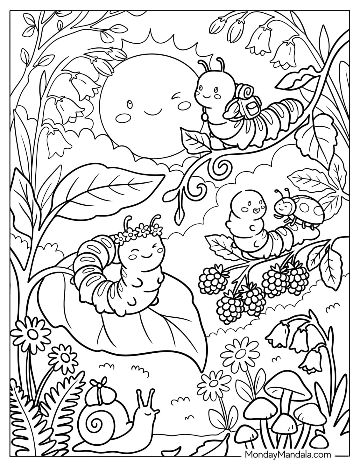 Caterpillar Coloring Page and Insect Friends in a Sunny Garden
