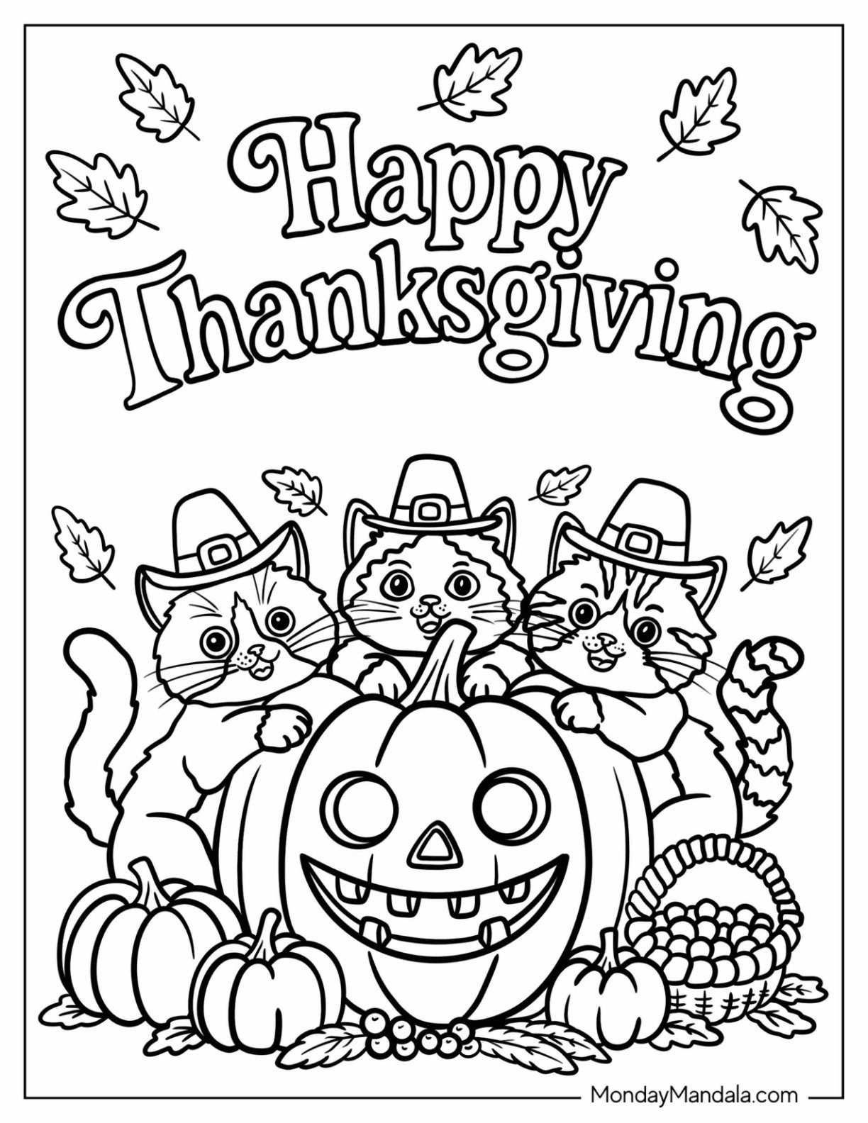 Cats with Pilgrim Hats on a Pumpkin and Happy Thanksgiving Coloring Page for Kids