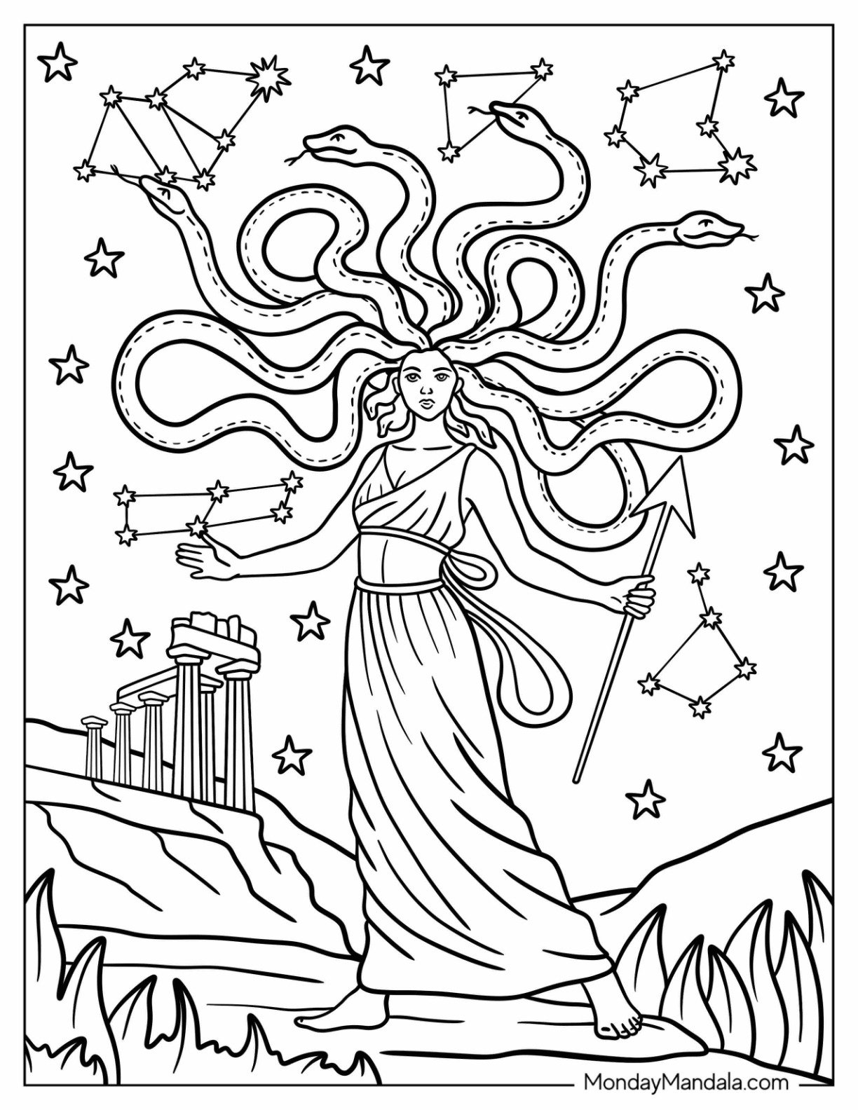 Celestial Medusa Coloring Page with Constellation Snakes and Starry Sky