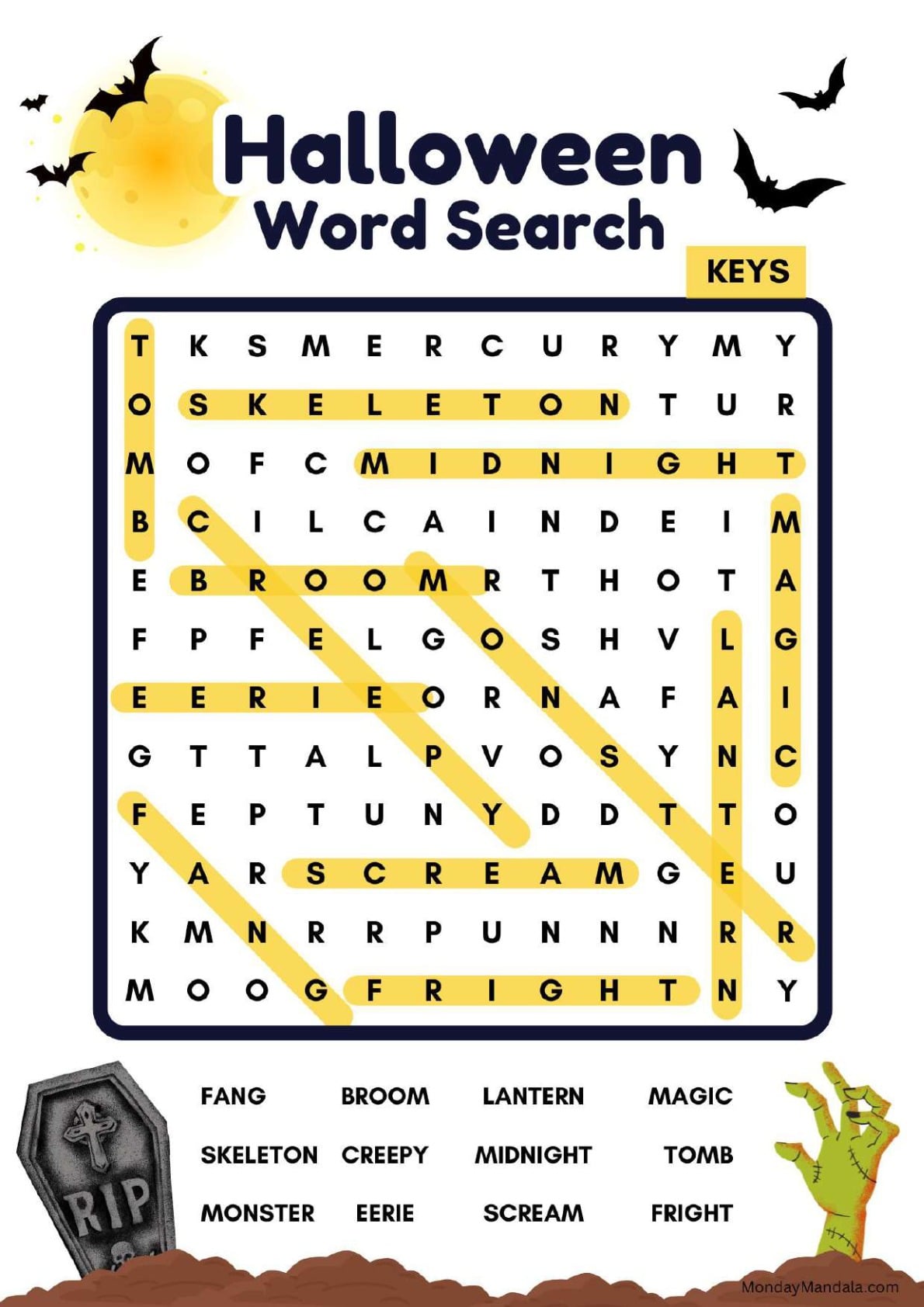 Cemetery Halloween Word Search Key