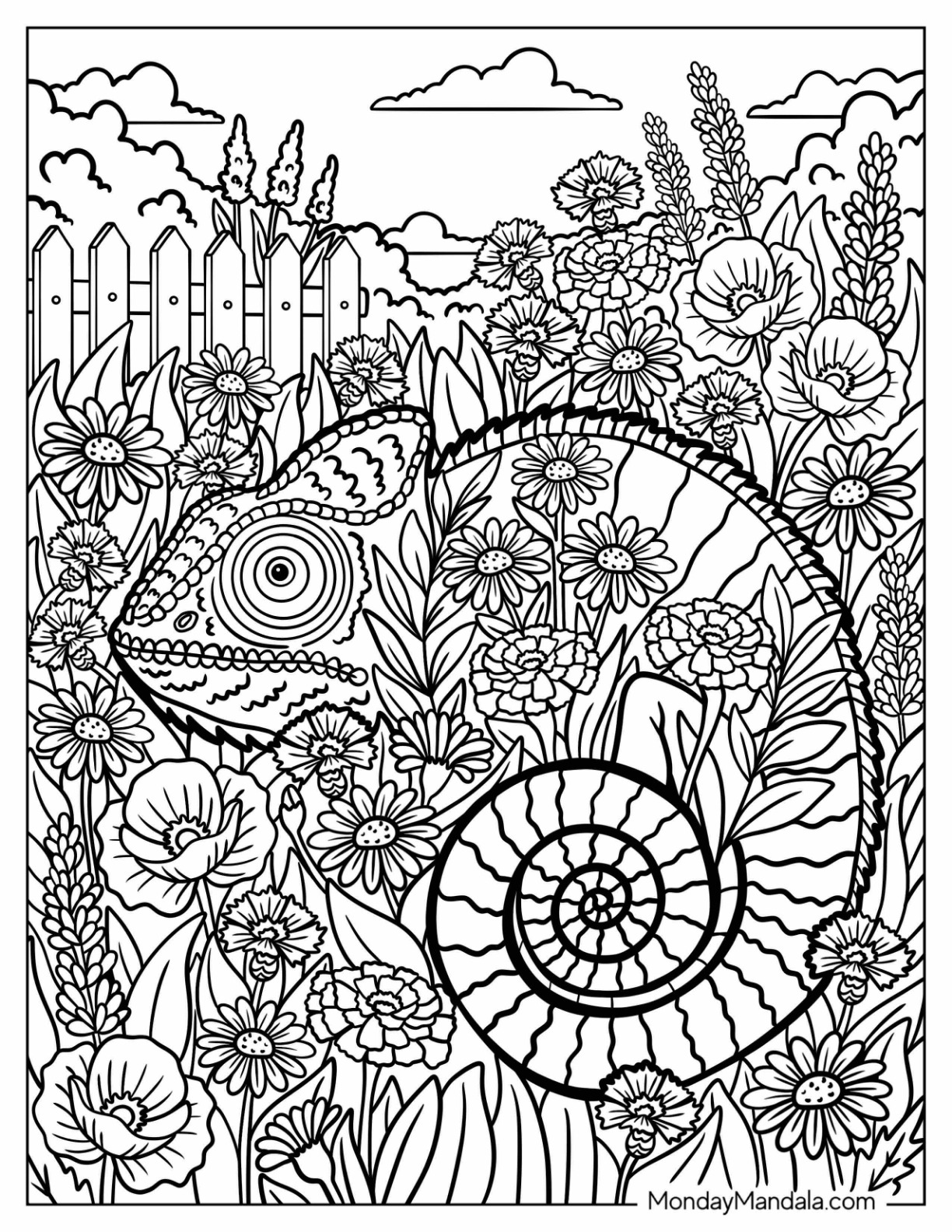 Chameleon Camouflaged Among Flowers in a Garden Coloring Page