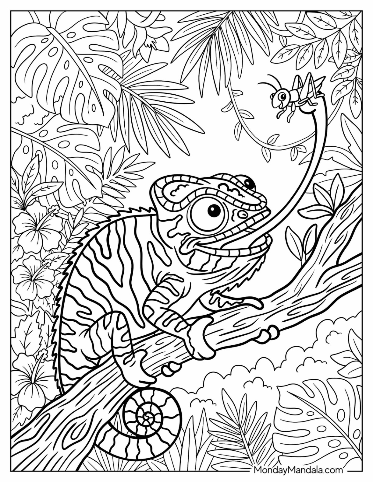 Chameleon Catching a Butterfly on a Tree Branch Coloring Sheet