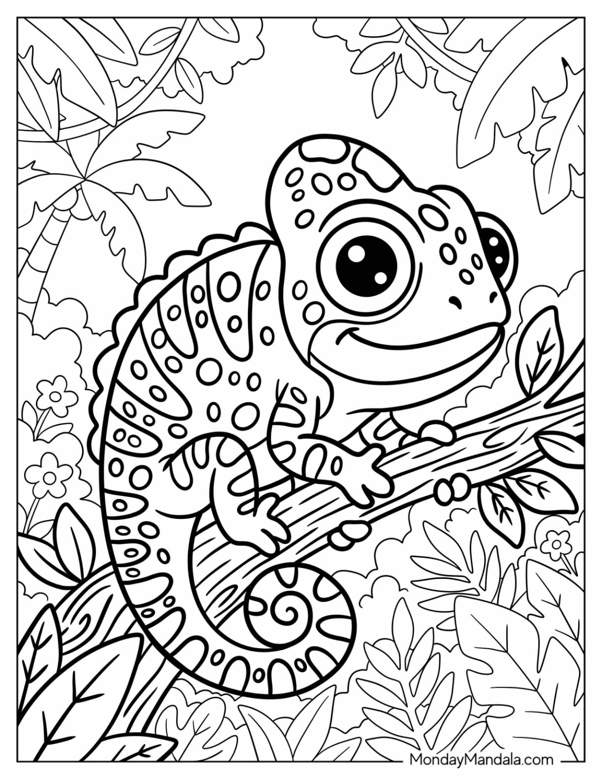 Chameleon Climbing a Branch Among Tropical Leaves Coloring Page for Kids