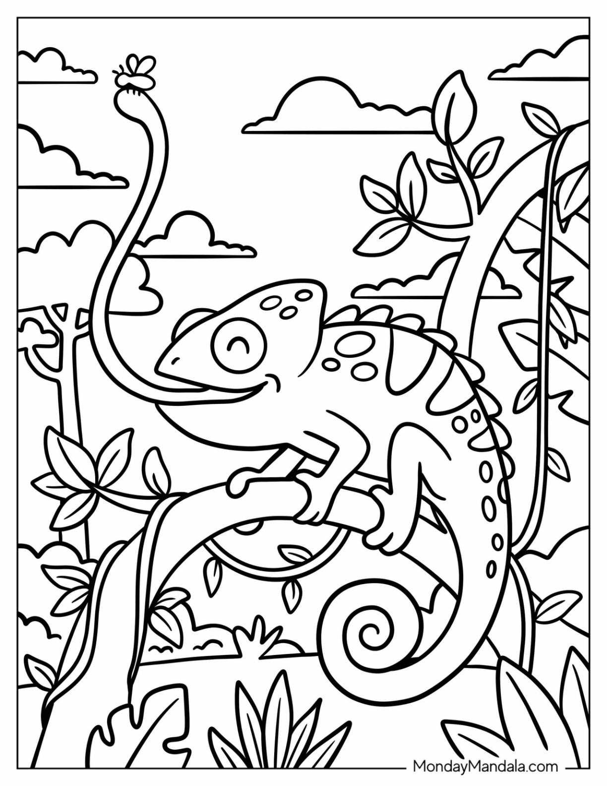Chameleon Climbing a Curved Branch with Long Tongue