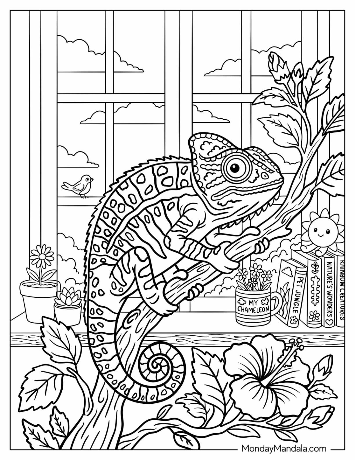 Chameleon Climbing a Flowering Plant Beside a Window Coloring Page
