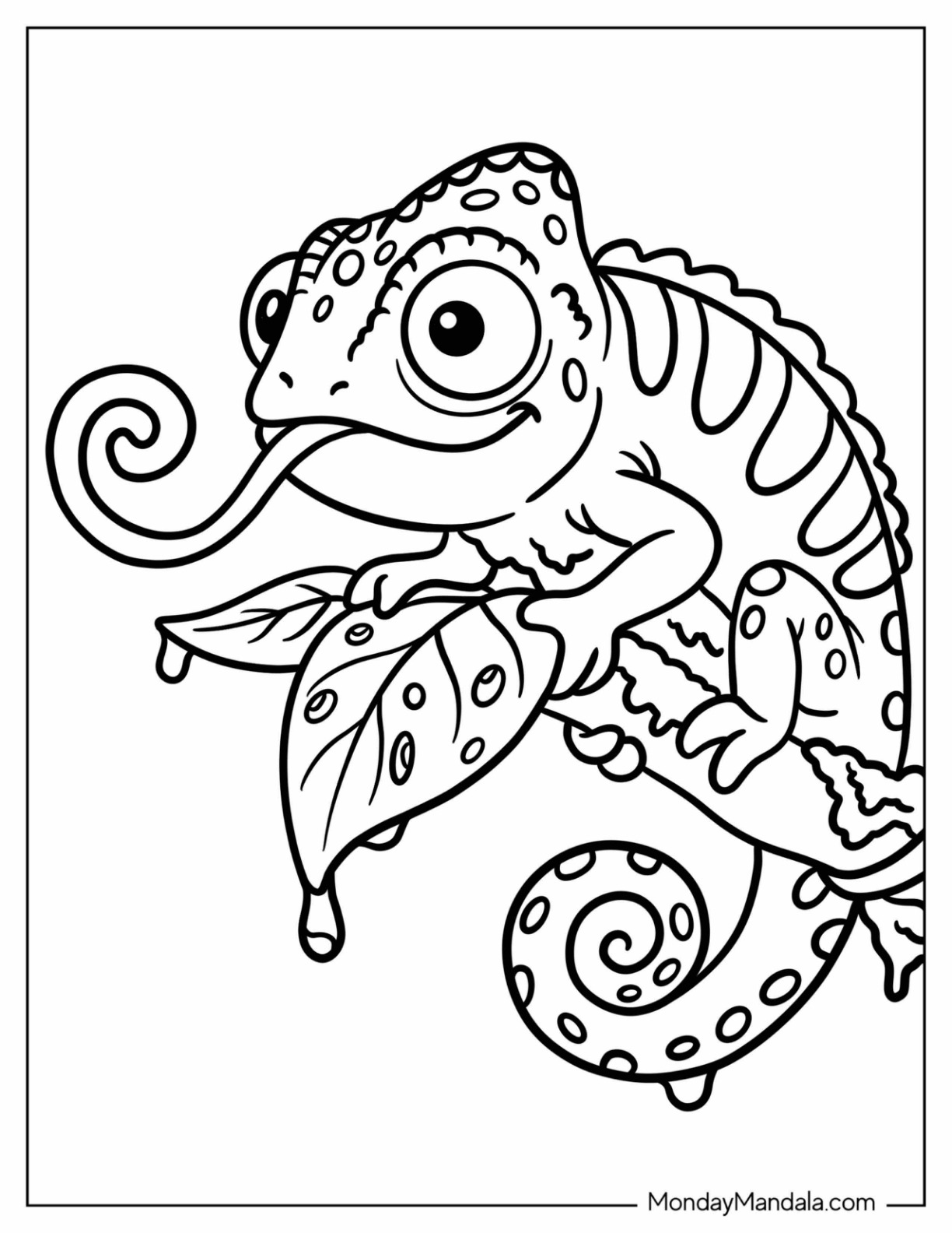 Chameleon Eating a Leaf with Its Long Tongue Coloring Page for Kids