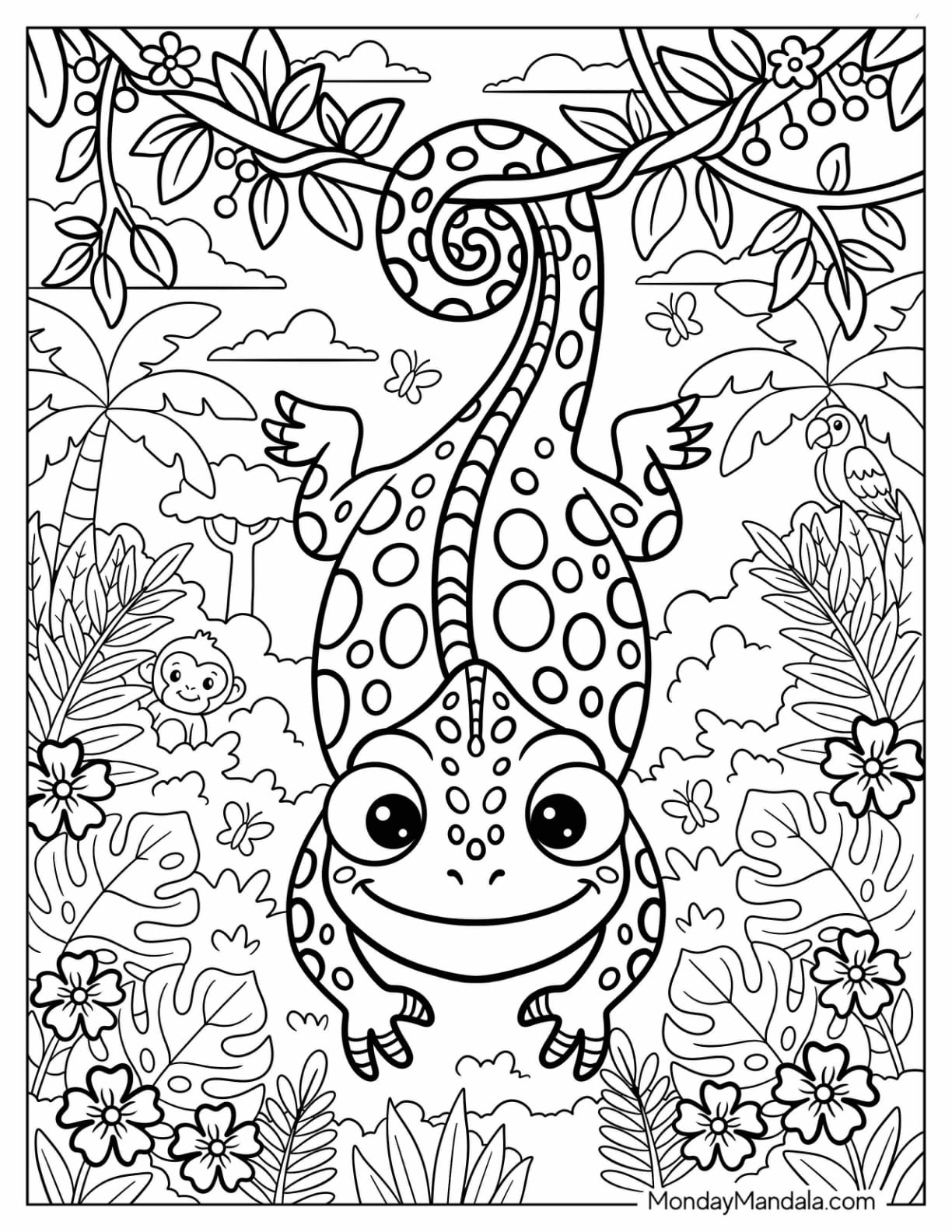 Chameleon Hanging Upside Down from a Tree Branch Coloring Sheet for Kids