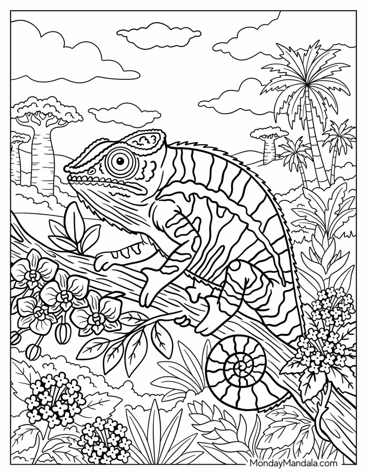 Chameleon Resting on a Flowering Branch in a Garden