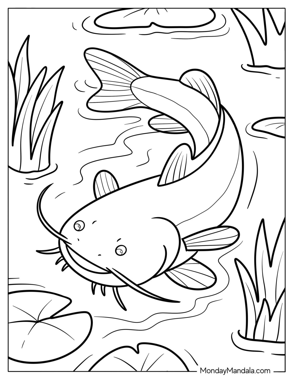 Fish Coloring Page of Channel Catfish Swimming Through Lily Pads for Kids