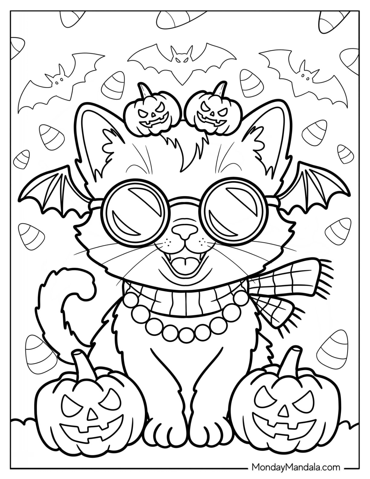 Chaotic Halloween Cat Coloring Page with Scarf, Pearls, and Bat Wings