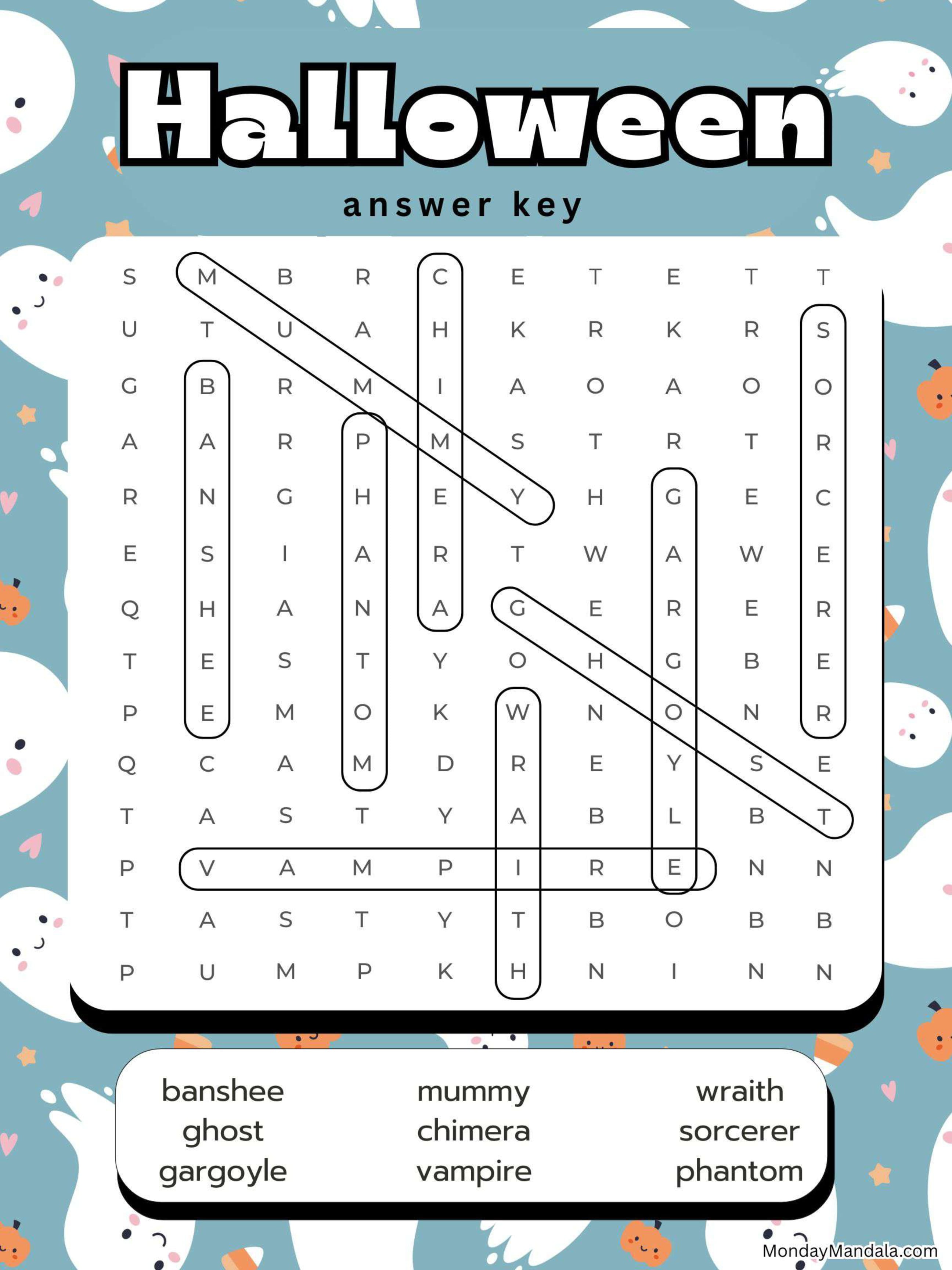 Charming Blanket Ghost Halloween Word Searc Answer Key