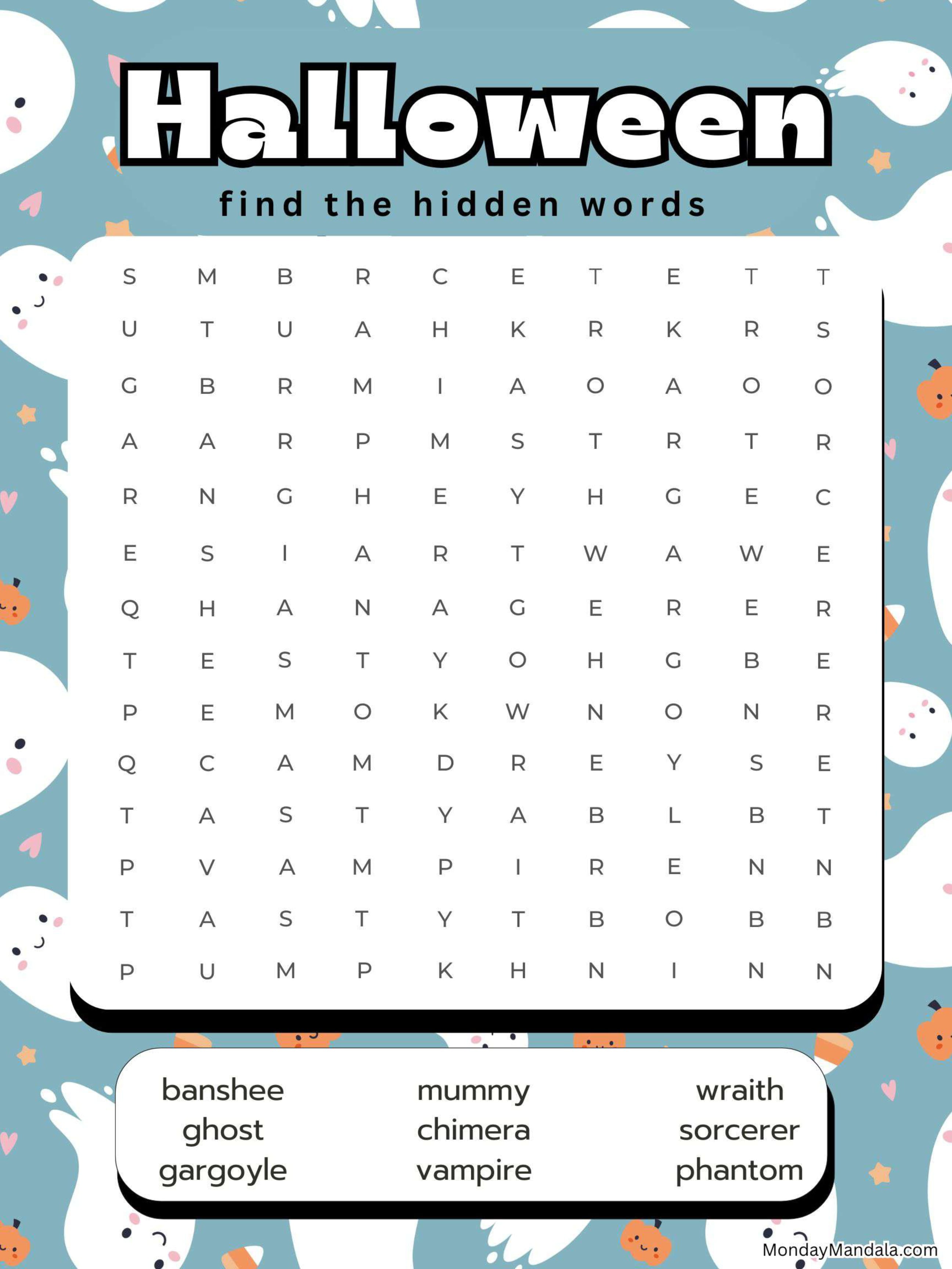 Charming Blanket Ghost Halloween Word Searc