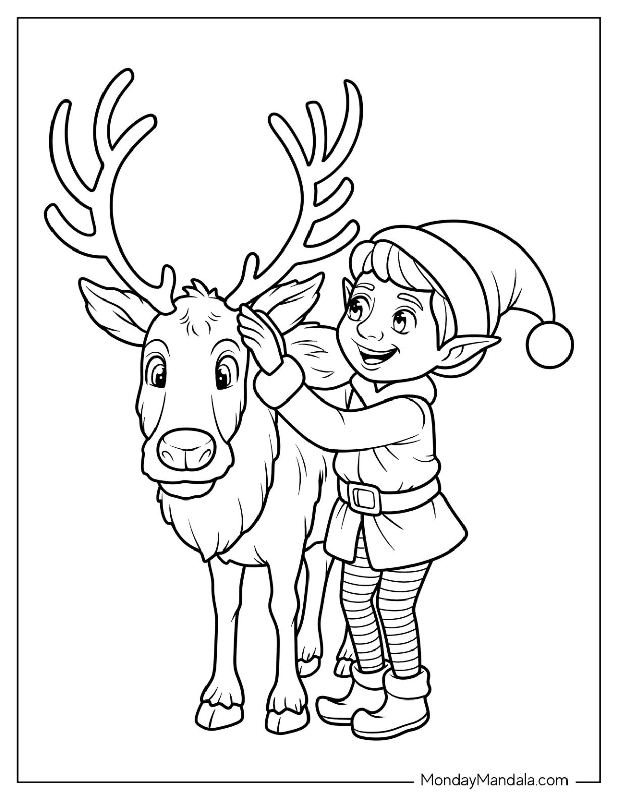 Charming Christmas Elf Coloring Page Petting a Reindeer