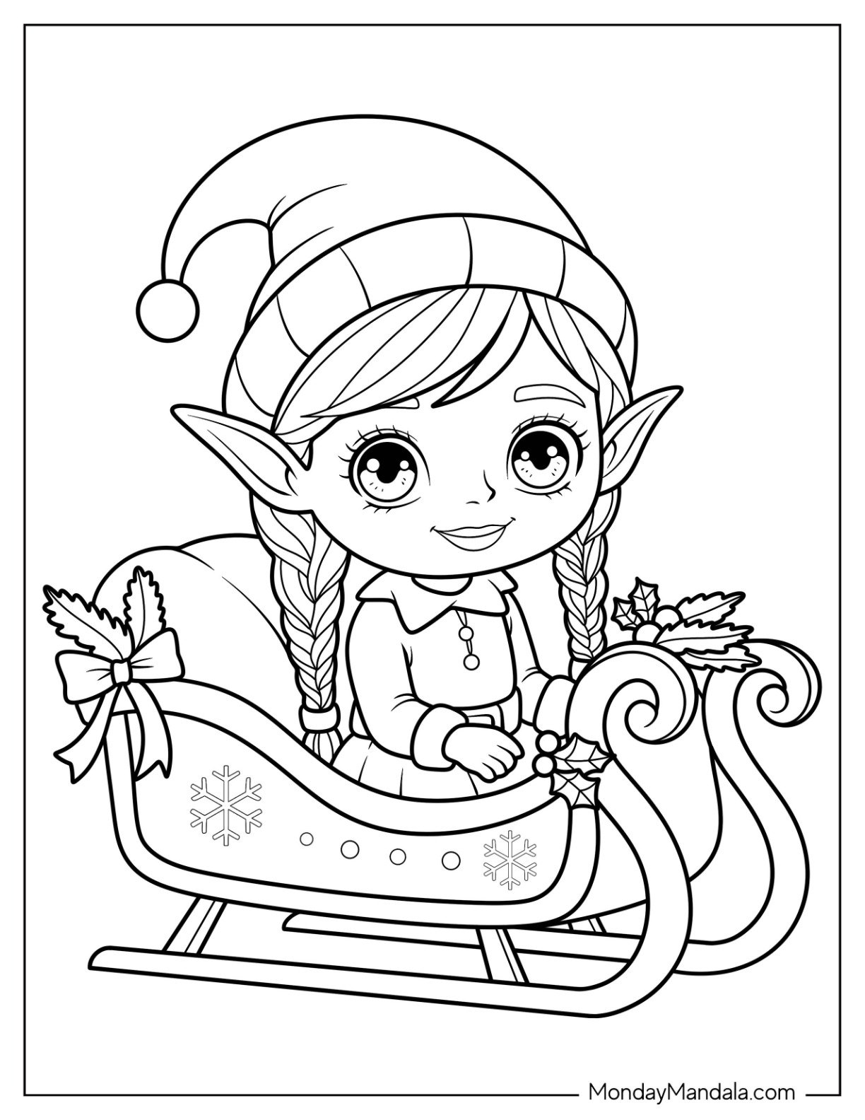 Charming Elf Coloring Page Girl Sitting in a Sleigh